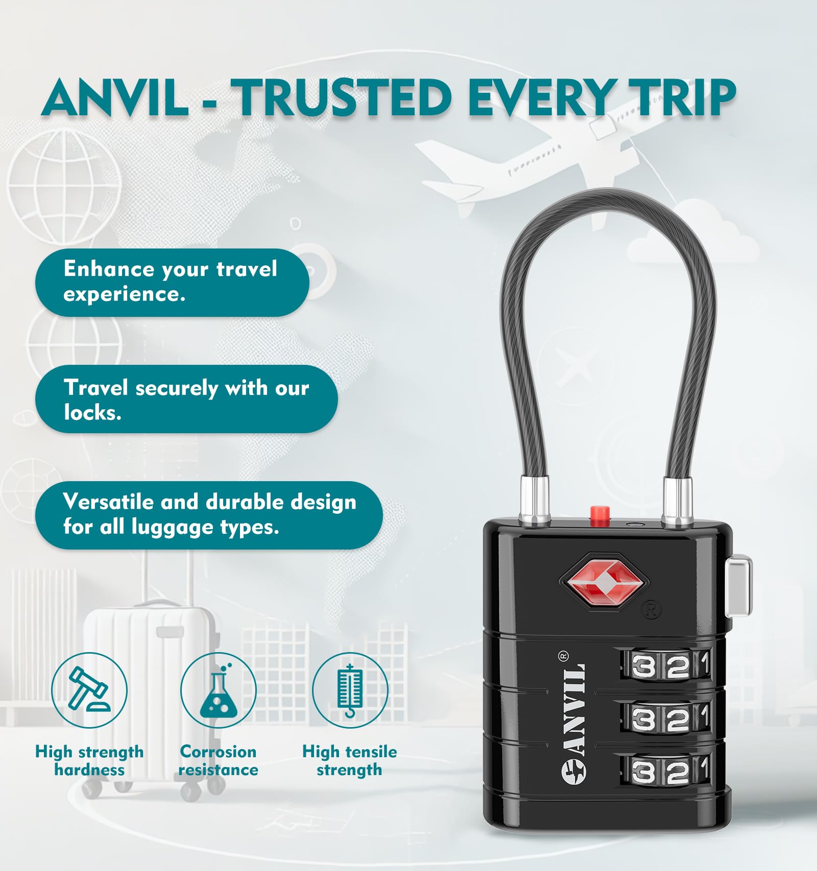 ANVIL TSA Approved Luggage Locks with Advanced TSA008 Core & Alert Indicator - Secure Travel Locks for Suitcases, Backpacks & Carry-On Bags (2-Pack, Black) | Perfect for Airports, Hotels & Daily Commute