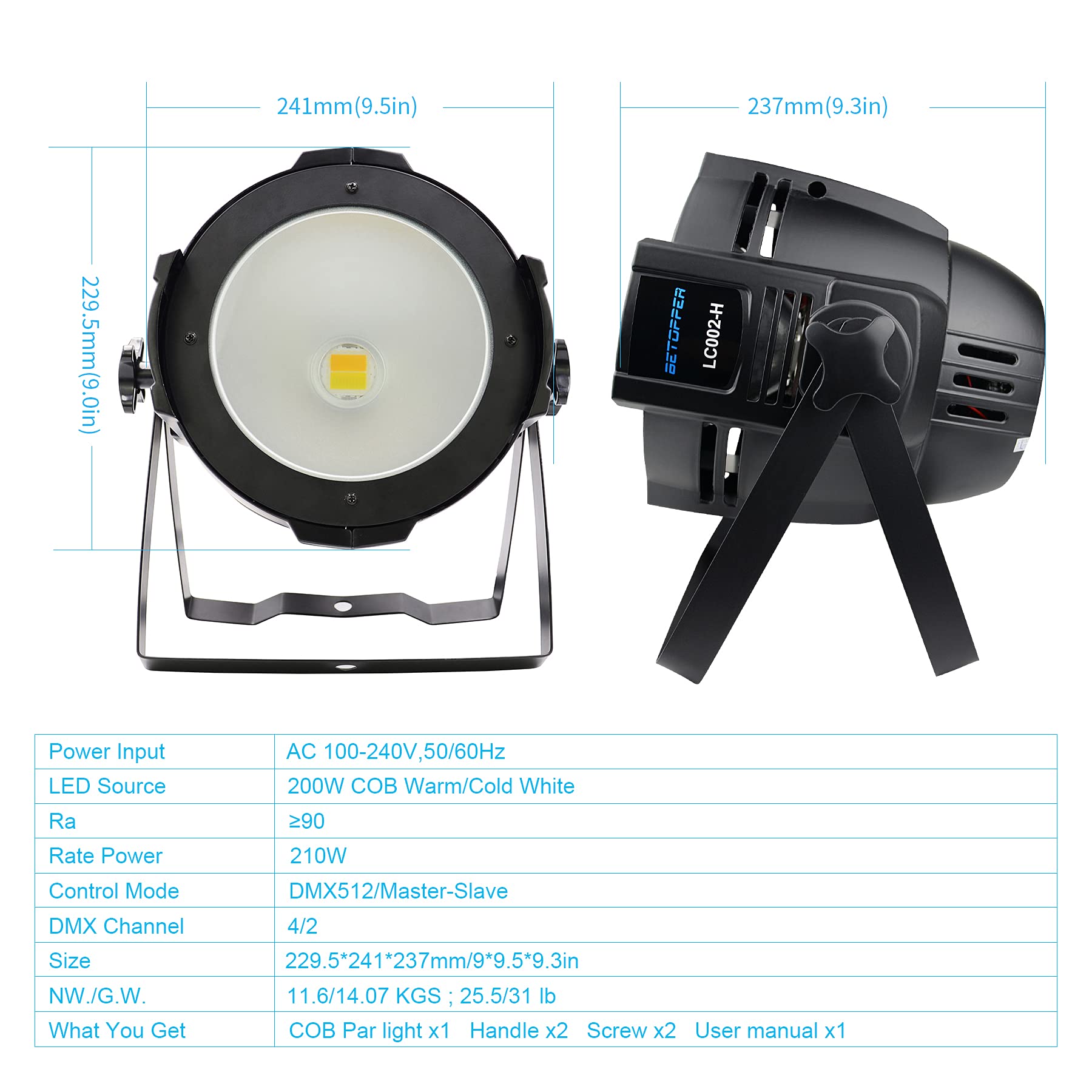 BETOPPER 200W COB LED Stage Lights - Warm & Cool White DMX Par Can Lights with Master-Slave Mode - Professional Spotlights & Fresnel Lights for Church Stage, Wedding Reception, Theater Performance, and Photo Studio Lighting