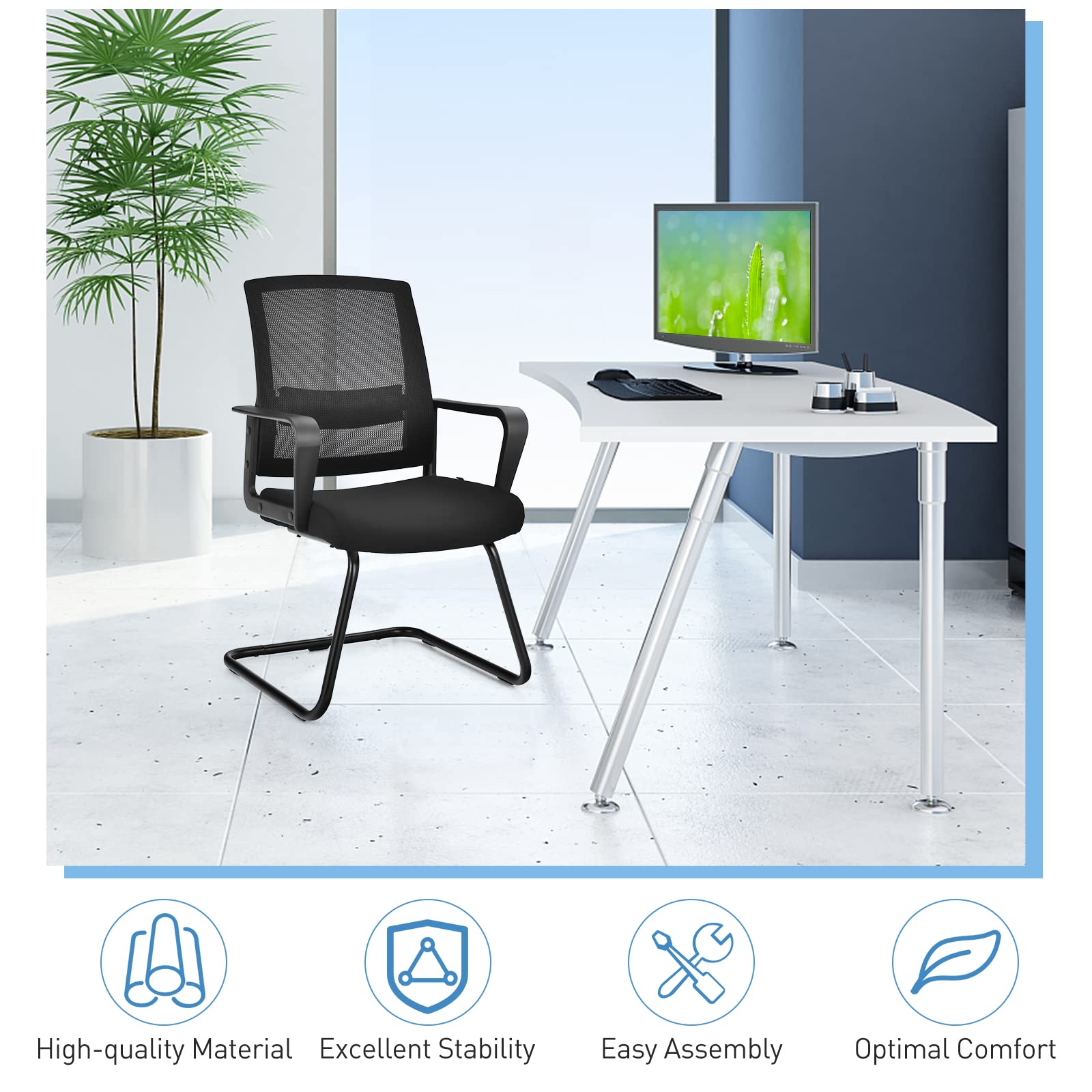 Giantex Office Guest Chair Set of 2 - Executive Sled Base Conference Chairs with Lumbar Support & Armrests, Mid-Back Mesh Office Desk Chairs No Wheels for Reception, Waiting Area, Meeting Room, Home Office & Workspace