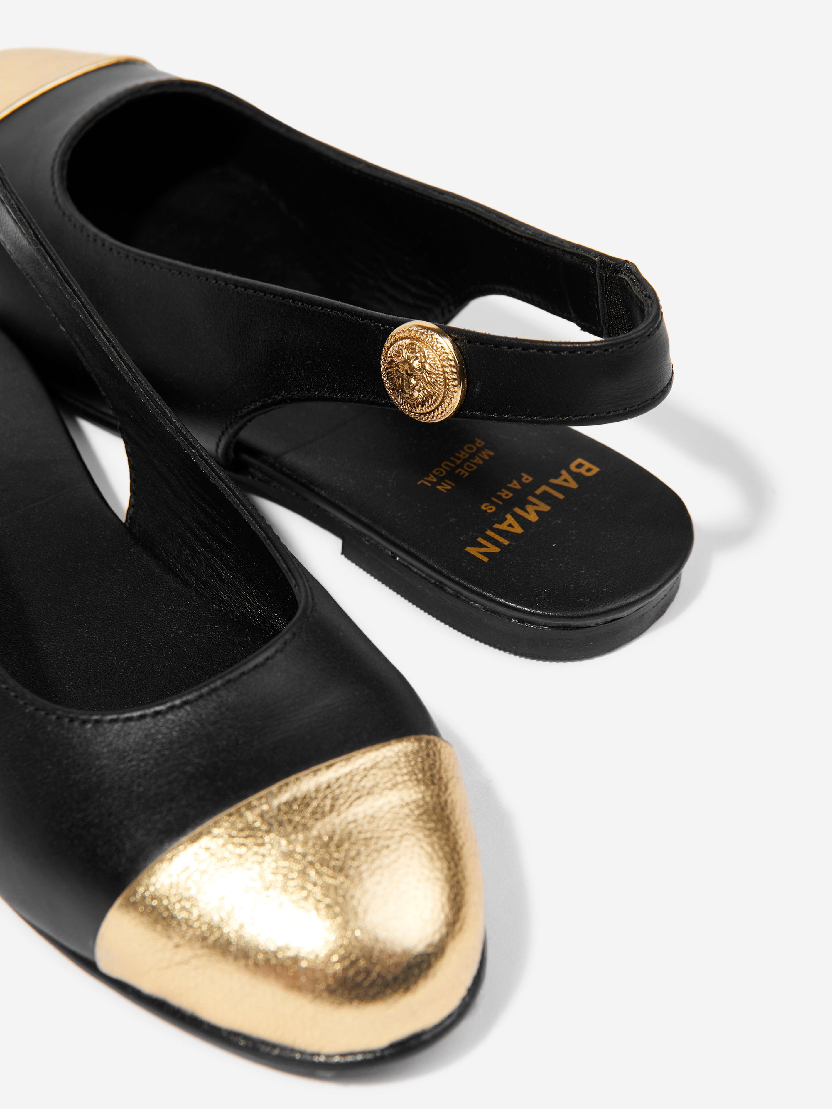 Balmain Girls Black Leather Slingback Ballerina Flats - Elegant & Comfortable for School, Parties & Special Occasions