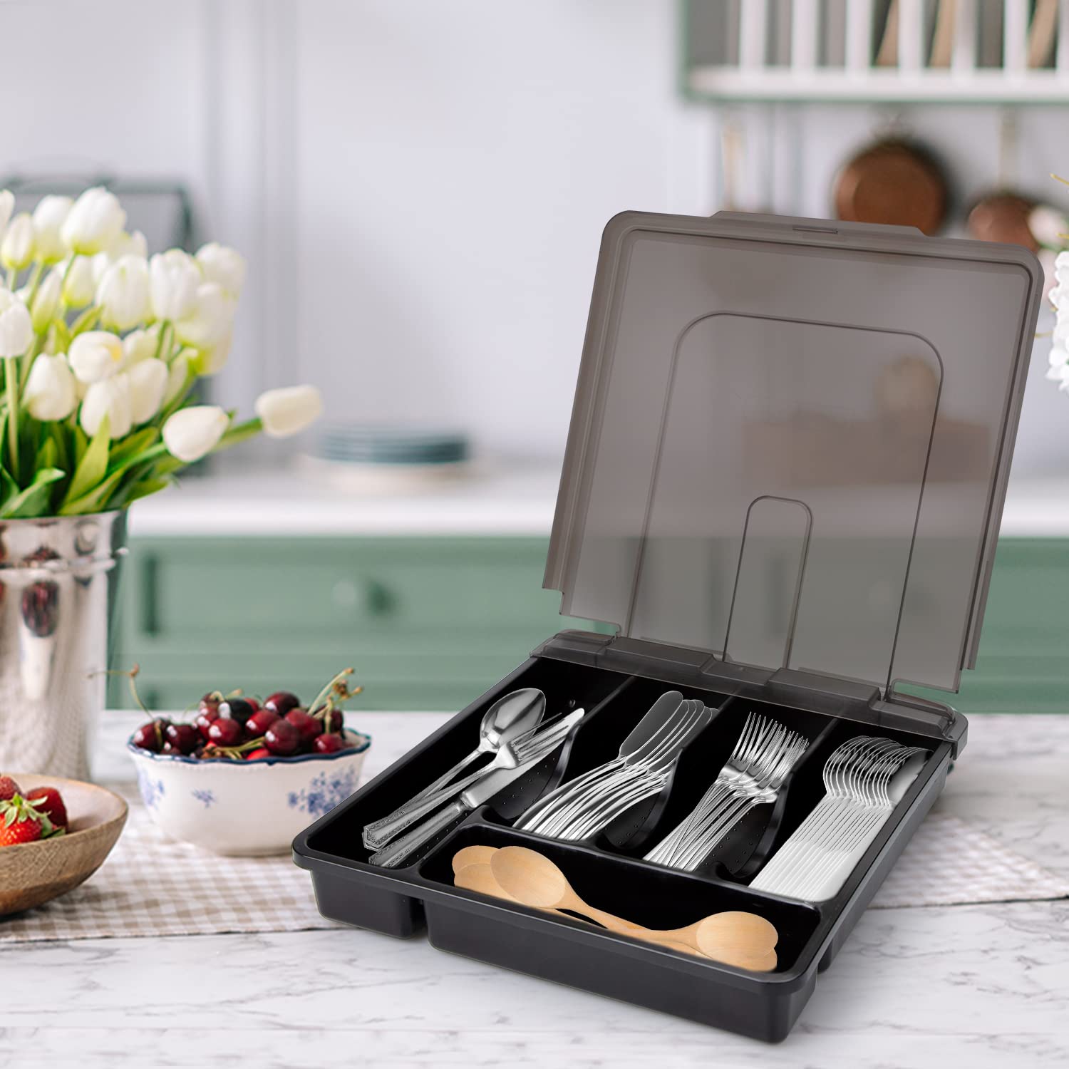Stainless Steel Silverware Organizer with Lid - 5 Compartment Plastic Utensil Holder for Kitchen Drawer & Countertop - Black Cutlery Tray with Cover for Forks, Spoons, Knives | Perfect for Home, Restaurant & Office Organization