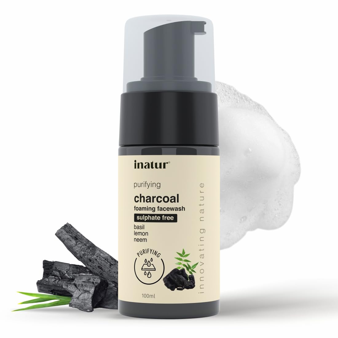 inatur Purifying Charcoal Foaming Face Wash for Acne Prone Skin - Oil Control & Deep Cleansing Facial Cleanser - Detoxifying & Pore Minimizing Formula - Sulfate-Free, Soothing & Nourishing Daily Face Wash (100ml) - Perfect for Morning & Night Skincare Routine