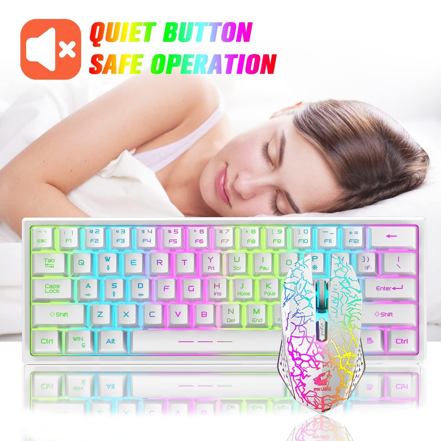 60% Compact Wireless Gaming Keyboard and Mouse Set with RGB Rainbow Backlight, 3800mAh Type-C Rechargeable, Mechanical Feel, Green Mouse Pad - Perfect for PC, Laptop, PS4 Gaming (White)