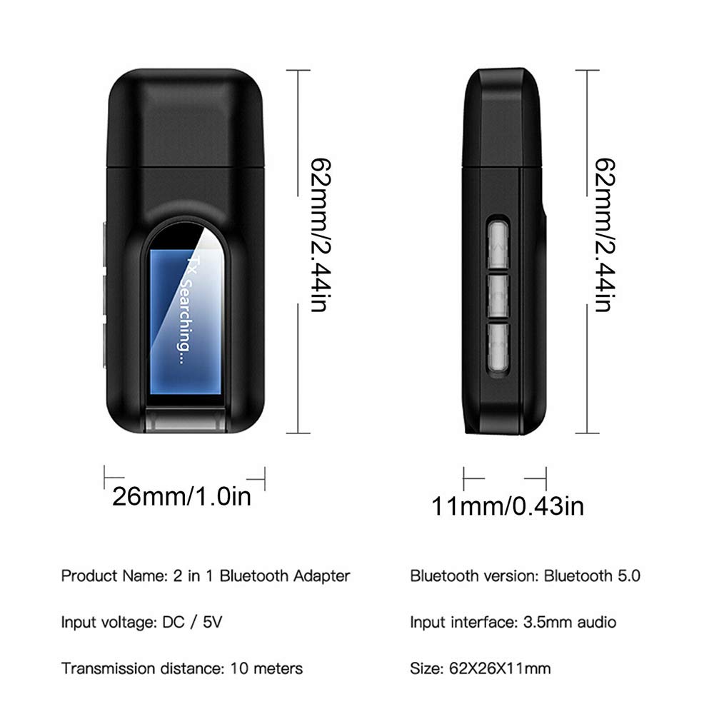 Bluetooth 5.0 USB Adapter - Wireless Audio Receiver & Transmitter with 3.5mm AUX & LCD Screen for Car, PC, TV, Headphones | Perfect for Hands-Free Calling & Music Streaming in Vehicles, Home & Office