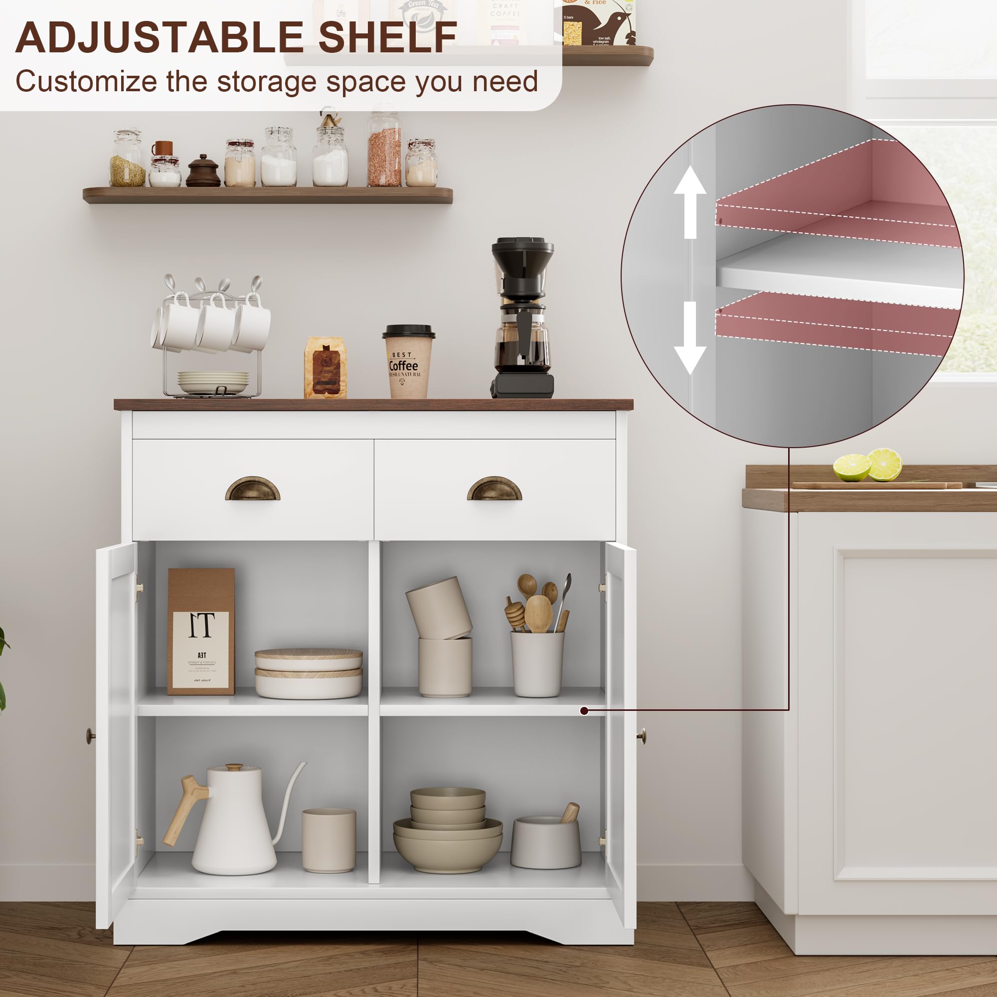 Modern Farmhouse Coffee Bar Cabinet - White Kitchen Buffet with 2 Drawers & Adjustable Shelf, Double Door Storage for Dining Room or Home Office | Perfect for Coffee Station, Bar Cart, or Kitchen Organization