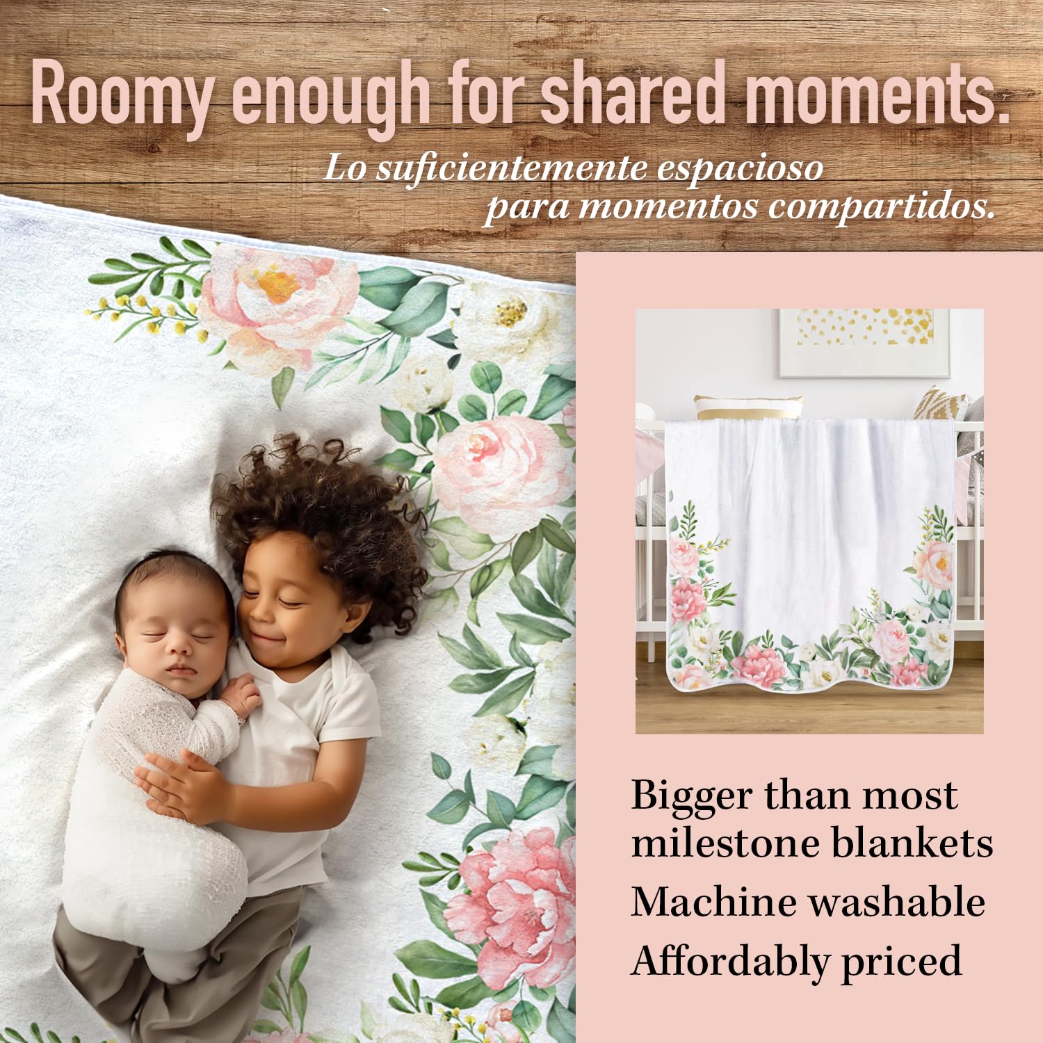 Baby Monthly Milestone Blanket - Manta de Hitos Mensuales en Español para Bebé Niña y Niño - Crecimiento Personalizado del Recién Nacido - Fondo Suave para Fotografía (Floral Español) - Ideal para Sesiones de Fotos y Regalos de Baby Shower