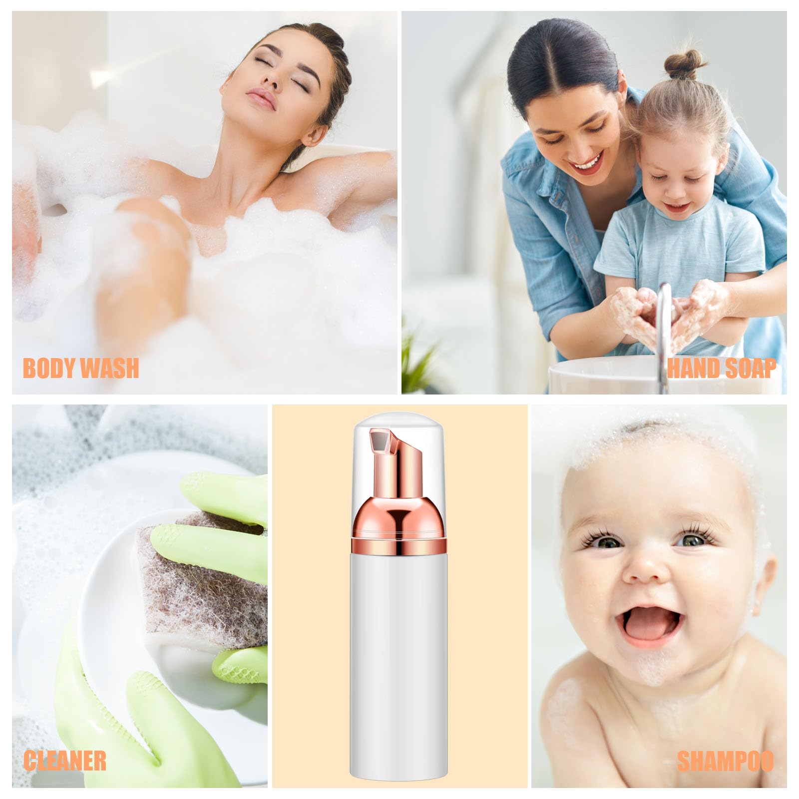 Lil Ray 2 Oz Empty Foam Pump Bottles (12 Pack) - Rose Gold Foam Soap Dispenser for Lash Shampoo, Hand Soap & Foaming Cleaner | Perfect for Salon, Bathroom & Travel Use