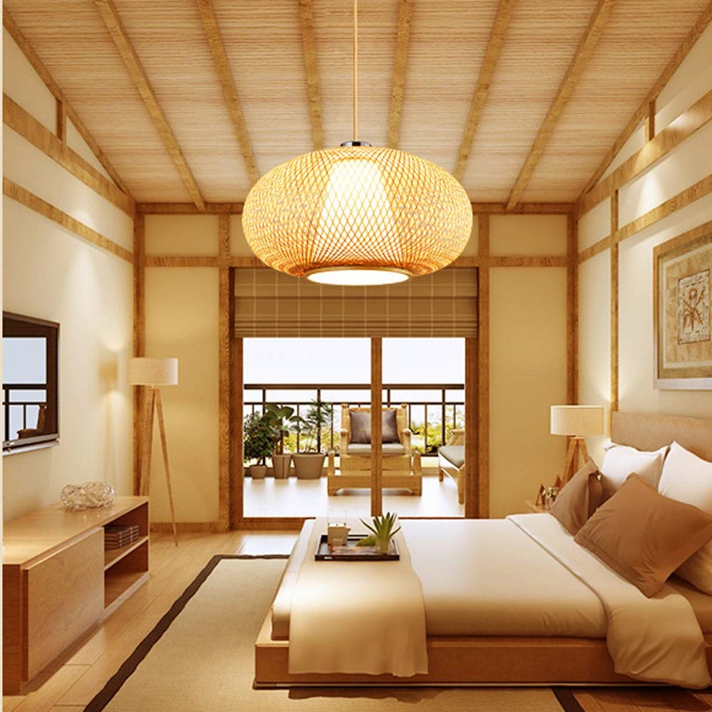 Hand-Woven Rattan Bamboo Chandelier with Imitation Sheepskin Lampshade - E27 Single Head Pendant Light for Home, Hotel & Restaurant Lighting - Perfect for Asian Decor, Living Room, Bedroom or Dining Area (Small Size)