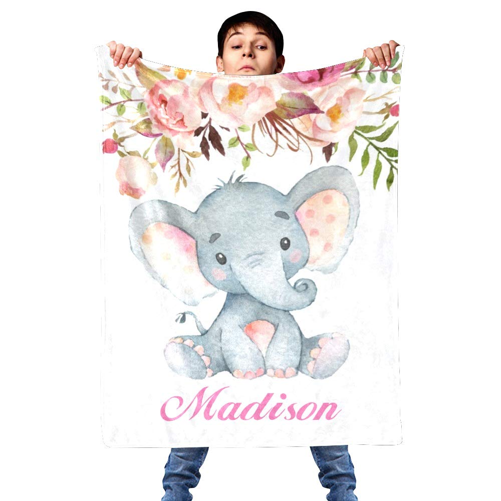 Personalized Kids Fleece Blanket with Name - Custom Elephant Floral Design Baby Throw Blanket 30