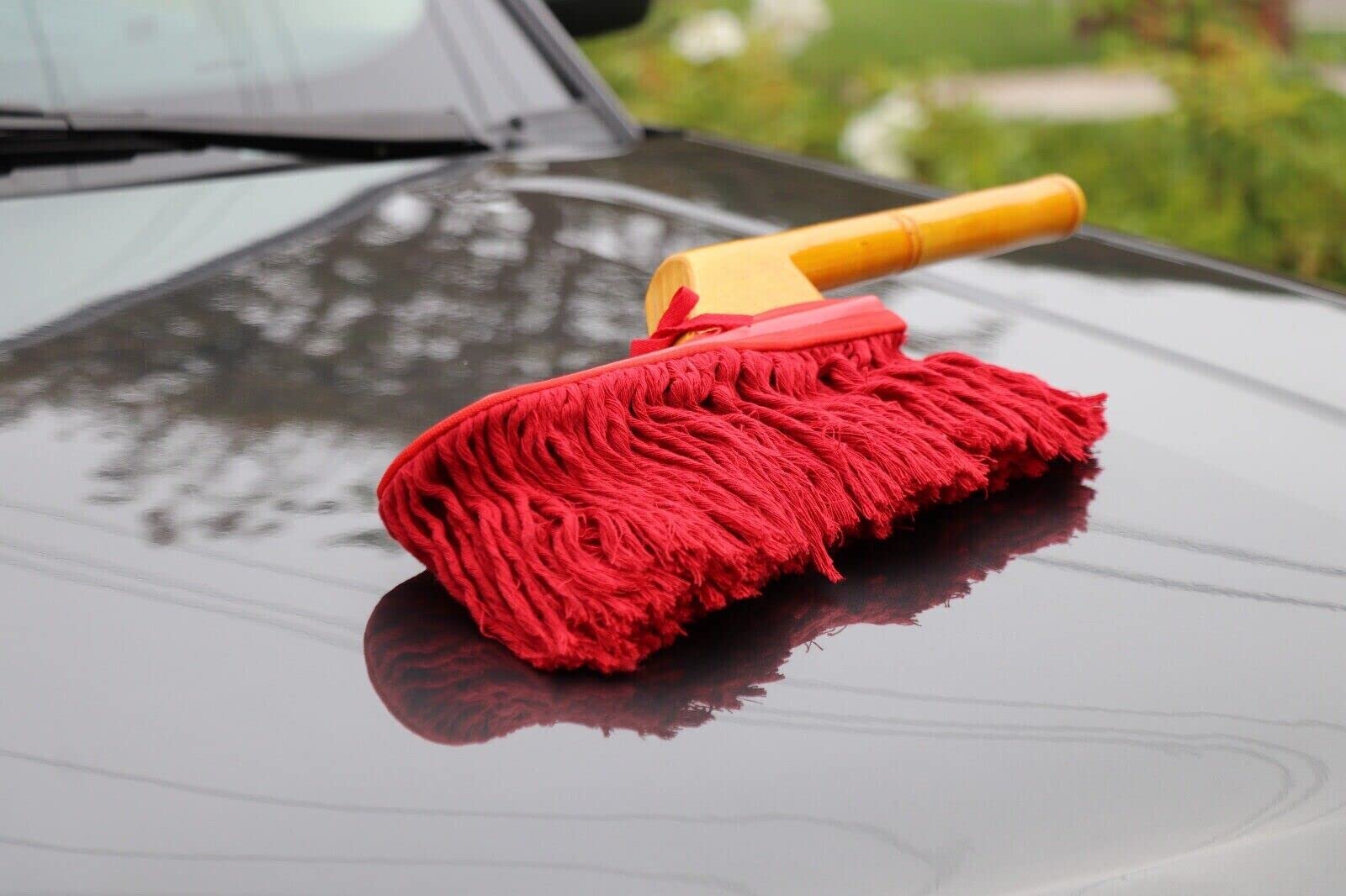 Premium Waxed Cotton Car Duster with Wood Handle - Classic Car Dust Brush for Removing Dust & Pollen from Cars, Trucks, RVs & Motorcycles - Large Waxed Mop Head for Gentle Scratch-Free Cleaning (Perfect for Auto Detailing, Garage Maintenance & Vehicle Protection)