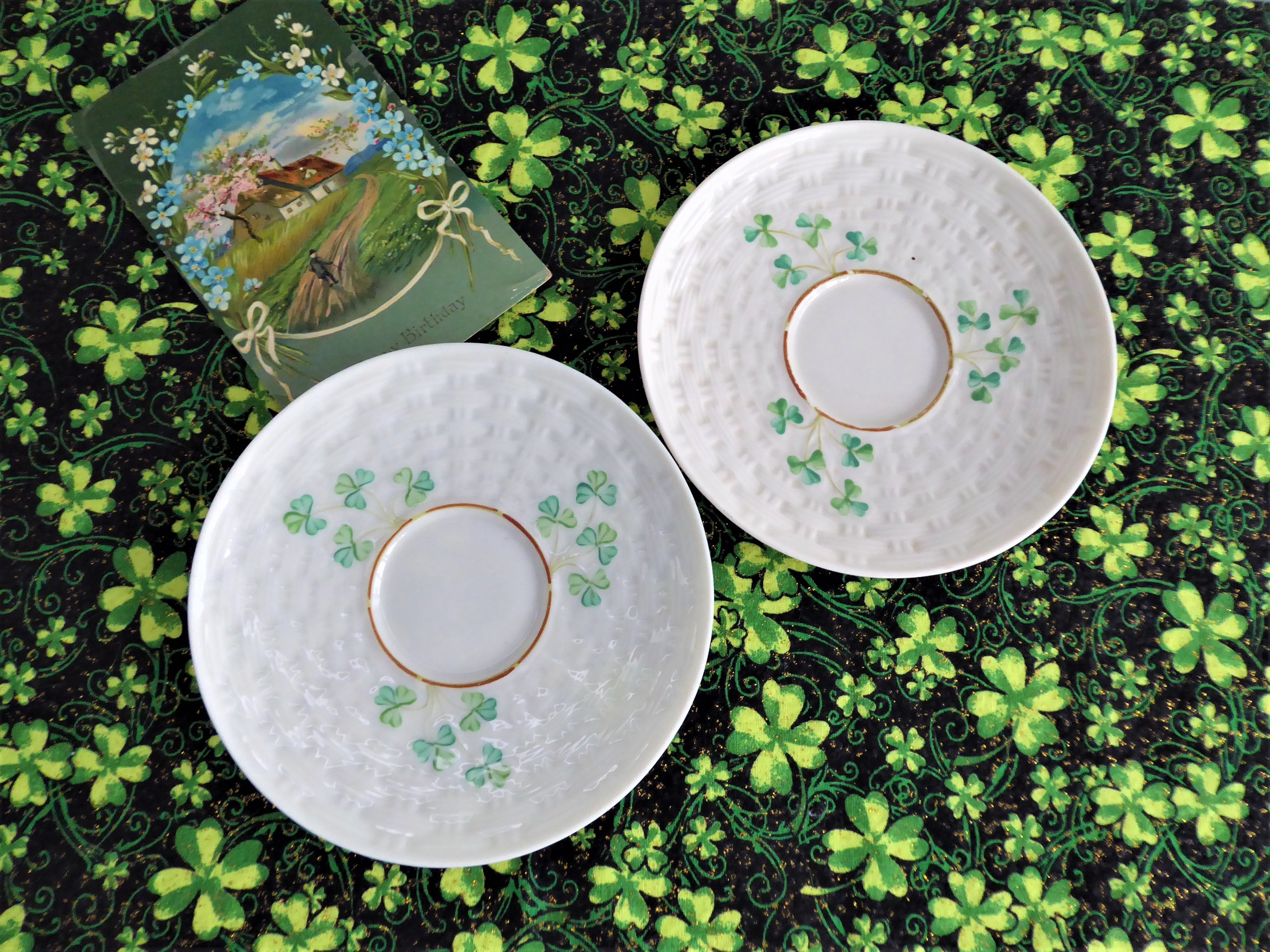 Vintage Irish Belleek Shamrock Saucers - Pair of 1950s Basket Weave Porcelain with 4th Green Mark | Perfect for Tea Parties, Irish-Themed Decor & Antique Collectors