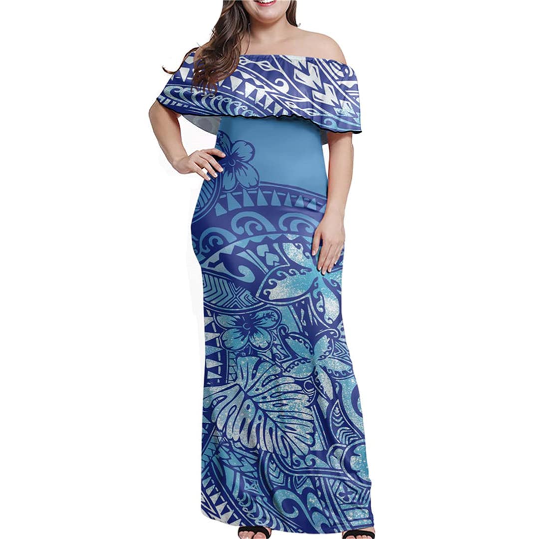 AS&ONEER Women's Summer Short Sleeve Maxi Dress - Blue Polynesian Leaf Print Long Dress for Women | Beach Vacation, Casual Outing, Date Night