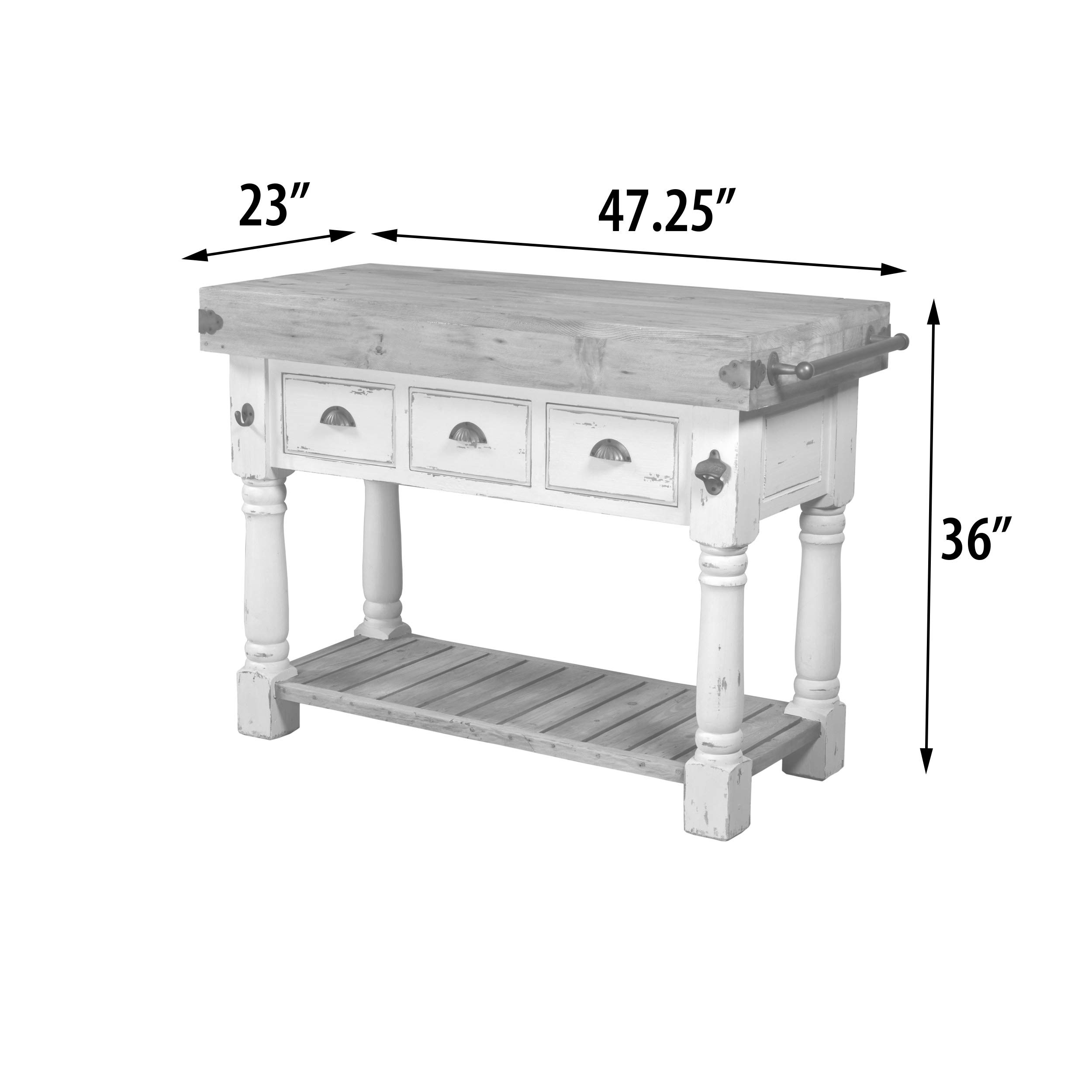 Farmhouse Island Work Console - White Chalk & Natural Wood Kitchen Table for Dining, Home Office, and Crafting