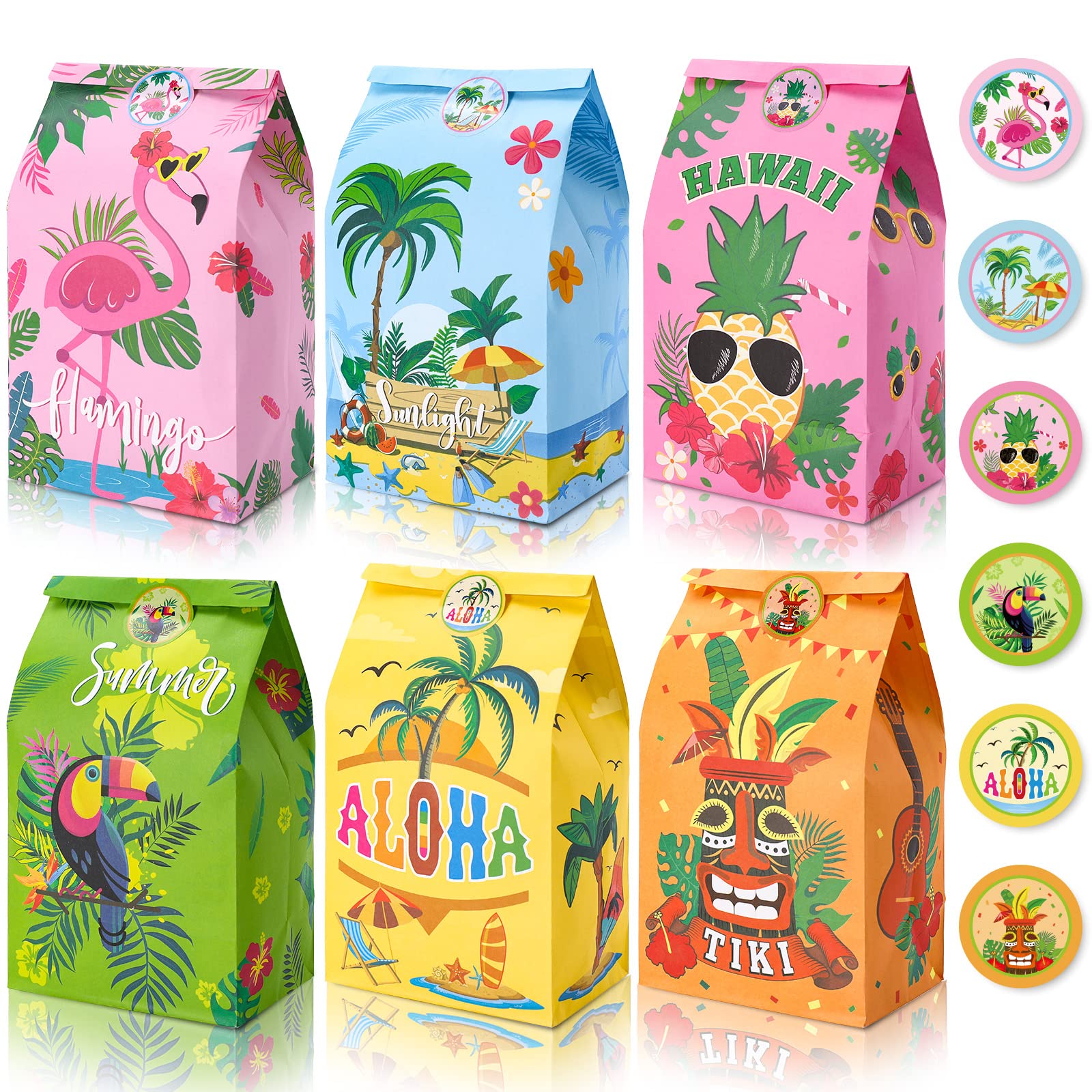 24Pcs Hawaiian Tropical Gift Bags with Tags - Eco-Friendly Kraft Paper Treat Bags for Summer Parties, Luau Events & Candy Favors | Perfect for Hula Celebrations, Beach Weddings & Aloha Themed Decorations