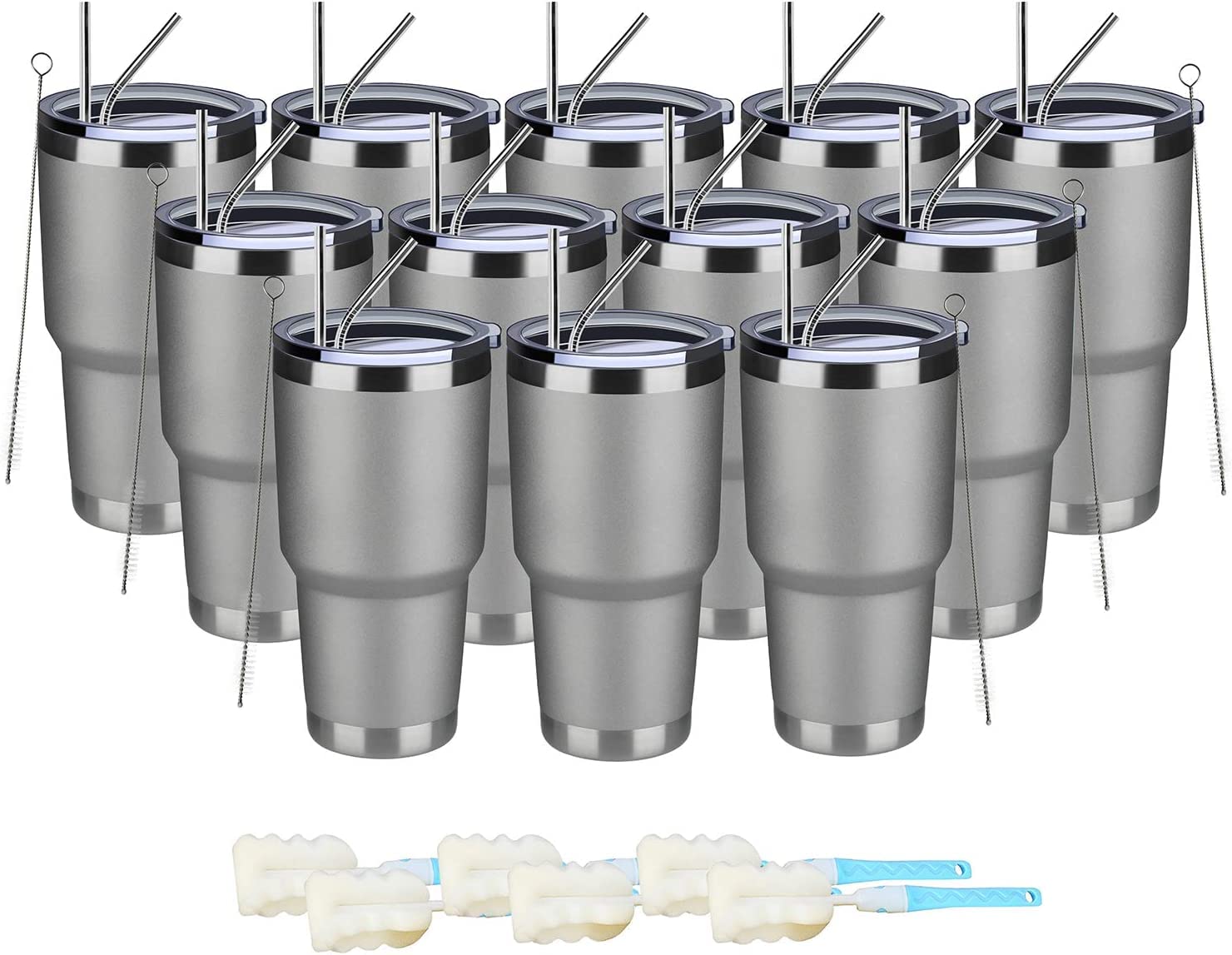 MEWAY 30oz Insulated Stainless Steel Tumbler with Lid & Straw - Double Wall Vacuum Coffee Mug for Hot & Cold Drinks - Powder Coated Travel Cup for Office, Gym, Camping & Outdoor Activities (12 Pack, Cold Grey)