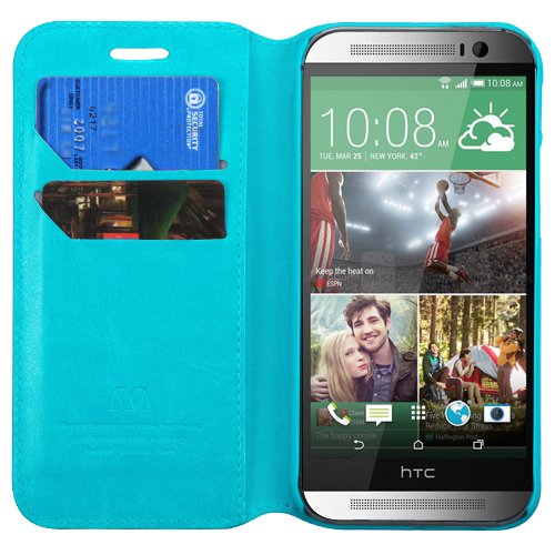 Asmyna MyJacket Wallet Case with Card Holder & Stand for HTC One M8 - Slim Protective Cover with Kickstand - Retail Packaging (Blue) - Perfect for Work, Travel & Everyday Use