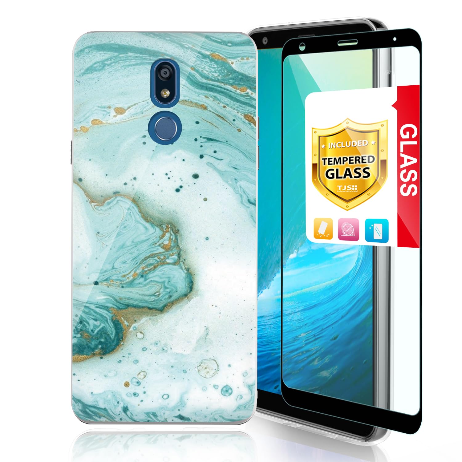 Premium Shockproof Phone Case for LG K40/K12 Plus/X4/Solo LTE/Harmony 3/Xpression Plus 2 - Matte Marble Design with Tempered Glass Screen Protector - Slim Protective Cover for Everyday Use (Green)
