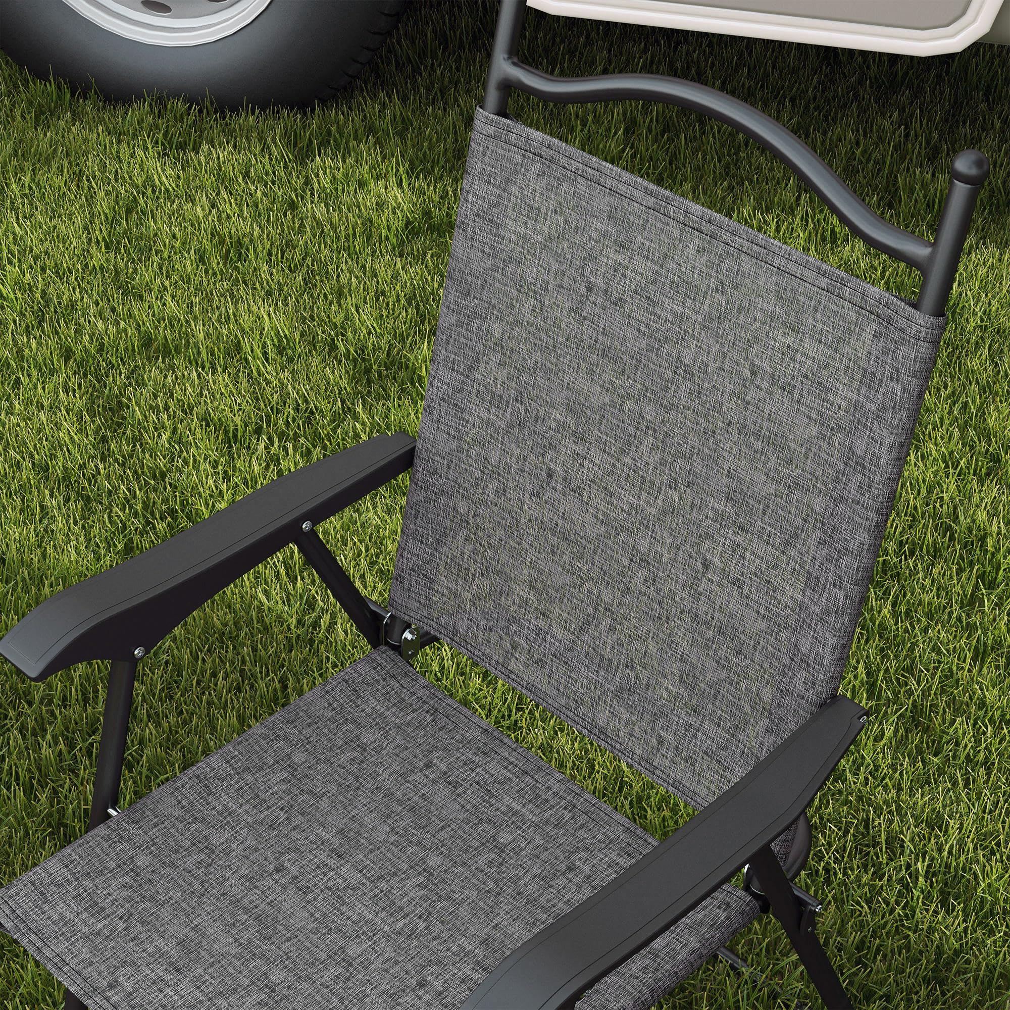 Outsunny 4-Pack Folding Patio Chairs with Armrests - Breathable Mesh Camping Chairs for Adults, Outdoor Lawn, Beach, Picnic & Sports Events - Gray Portable Lounge Chairs