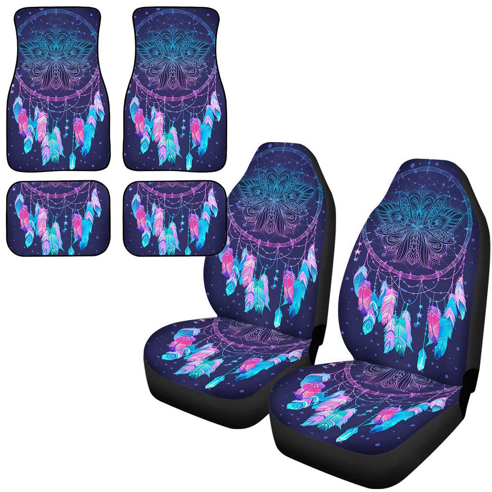 Dreaweet 6PCS Universal Car Seat Covers & Floor Mats Set - Tribal Purple Dreamcatcher Print, Anti-Slip, All-Weather Interior Protection for Sedan, SUV, Truck | Perfect for Road Trips, Daily Commutes & Family Travel