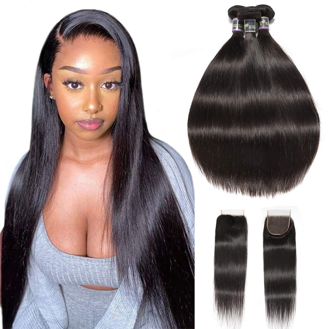 100% Unprocessed Malaysian Straight Virgin Human Hair Extensions - 3 Bundles with 5x5 Lace Closure (18
