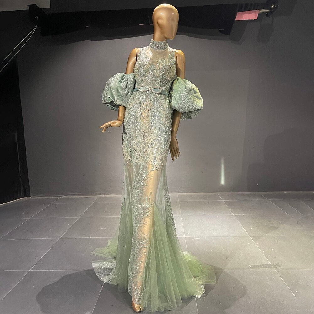 Elegant Beaded Mermaid Evening Gown with Puff Sleeves for Women - Serene Hill Green Luxury Party Dress 2025 (LA71537) | Perfect for Prom, Gala, Wedding & Formal Events