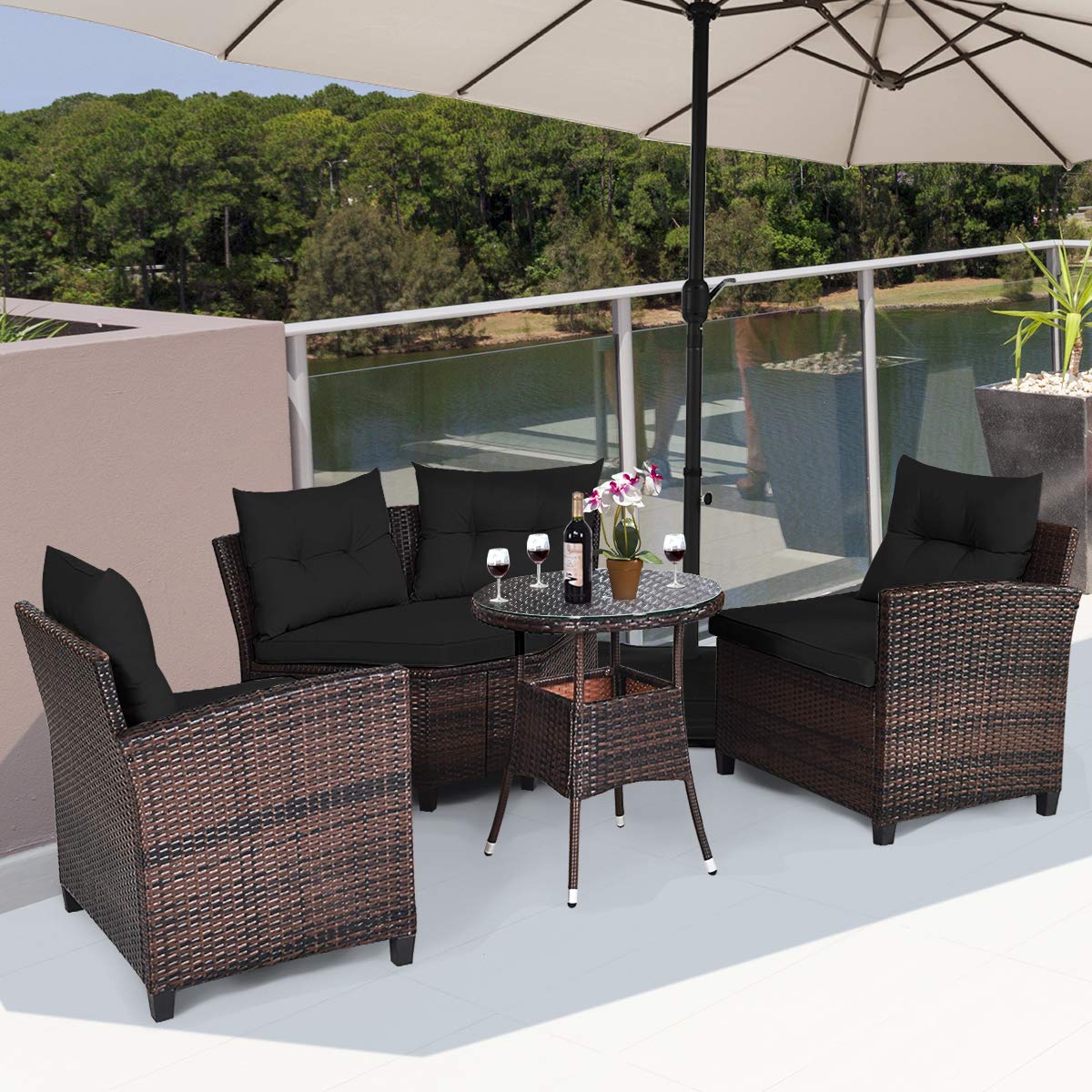 Tangkula 4-Piece Outdoor Patio Furniture Set - Modern C-Shape Wicker Sectional Sofa with Cushions & Glass Coffee Table, Rattan Conversation Set for Garden, Poolside, Balcony, Deck (Black) - Perfect for Relaxing, Entertaining & Outdoor Lounging