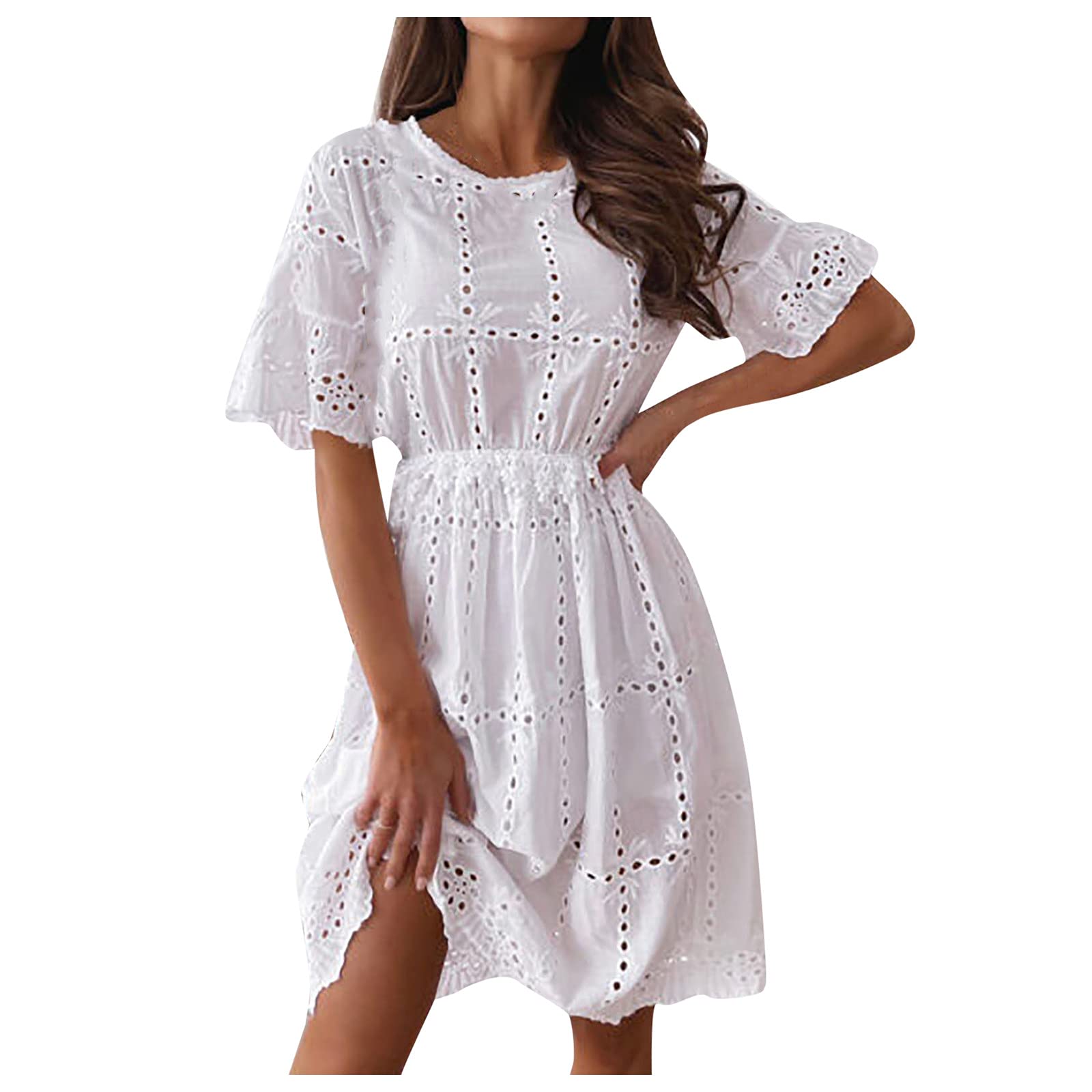 GDHJ Women's Summer White Embroidered Short Sleeve Round Neck Lace Beach Dress - Flowy Casual Sundress for Vacation, Party & Outdoor Activities