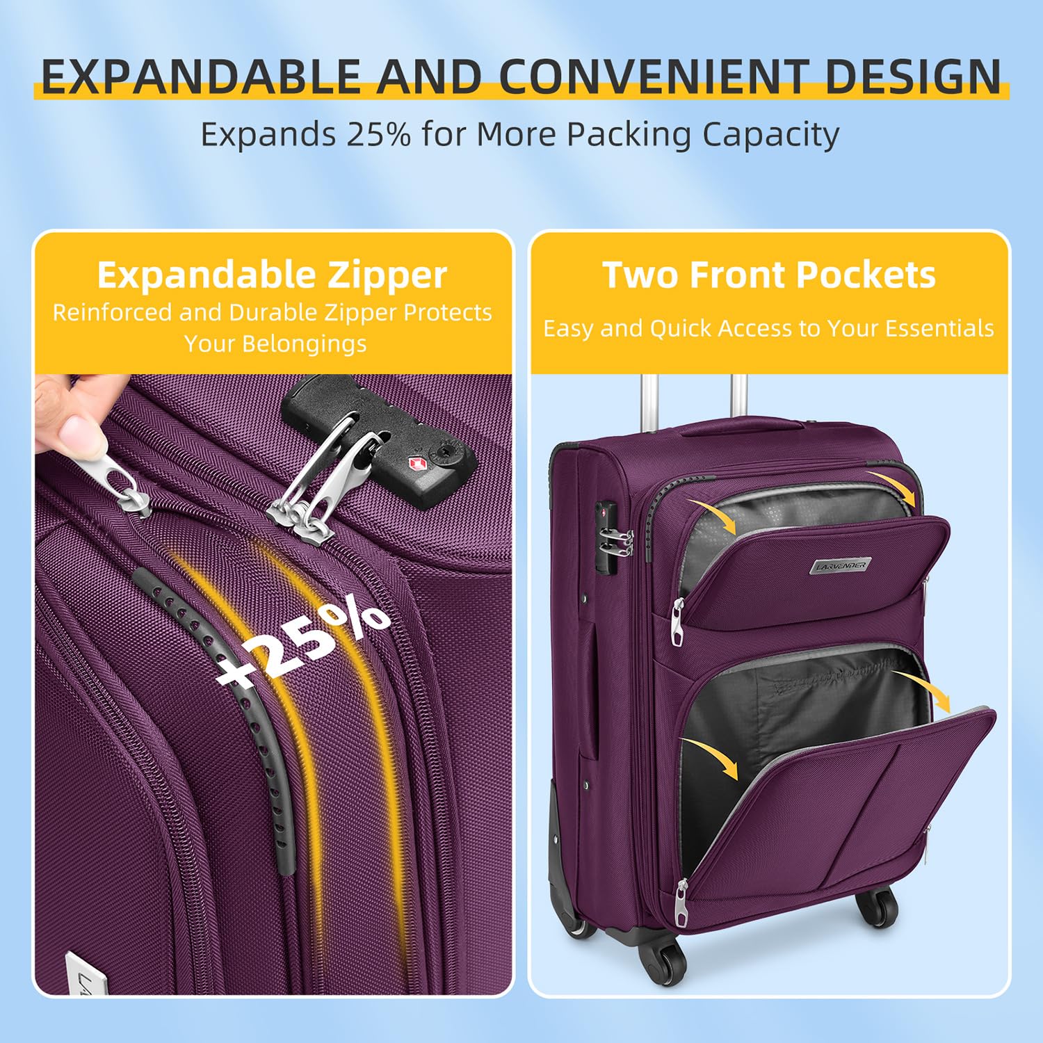 Lavender 5-Piece Expandable Softside Luggage Set with Spinner Wheels & TSA Lock - Lightweight Soft Shell Rolling Suitcases for Men & Women (Purple) - Perfect for Family Vacations, Business Trips & Air Travel