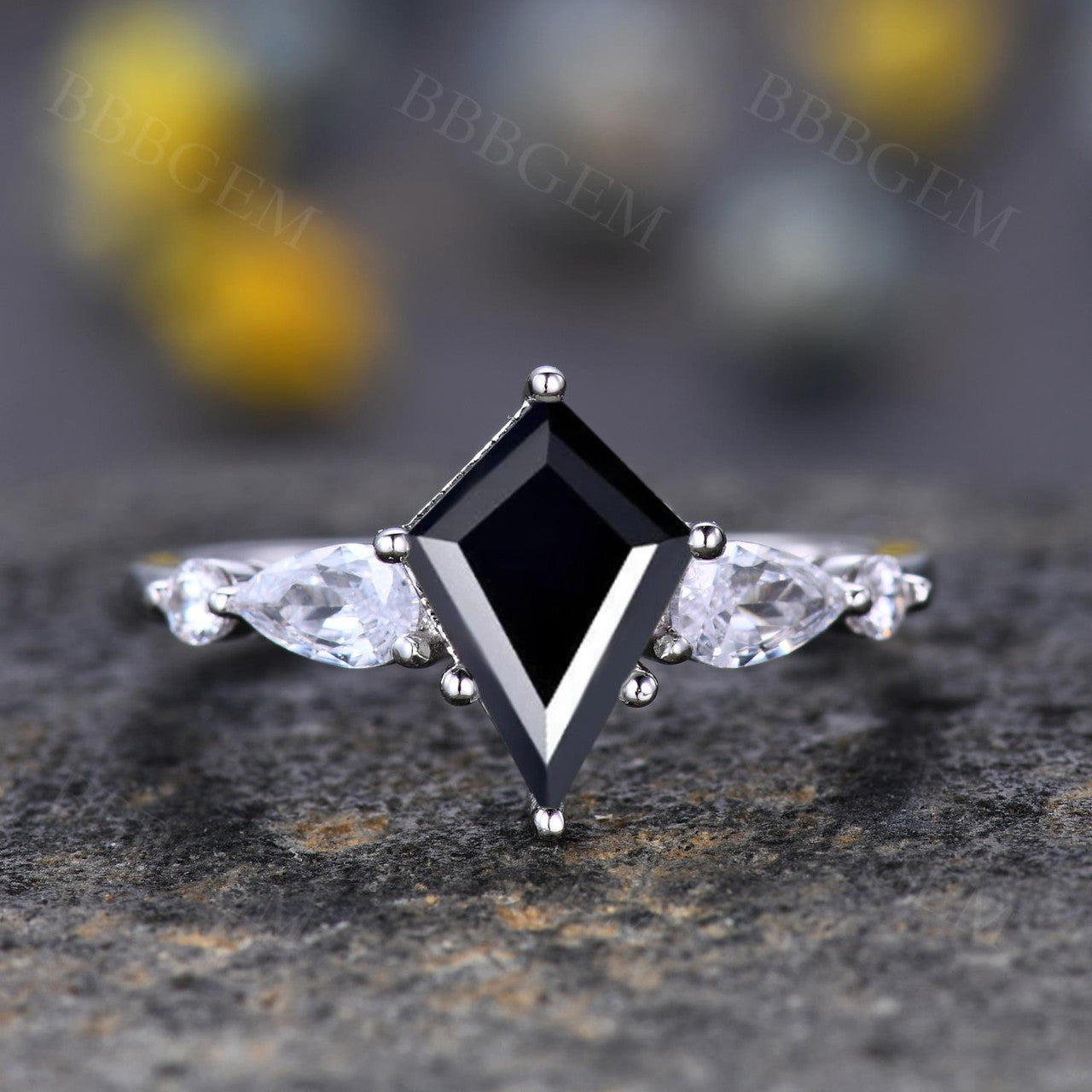 Elegant Lozenge Step Cut Black Onyx Statement Ring with Pear Moissanite Accent - Perfect for Evening Parties, Date Nights & Special Occasions