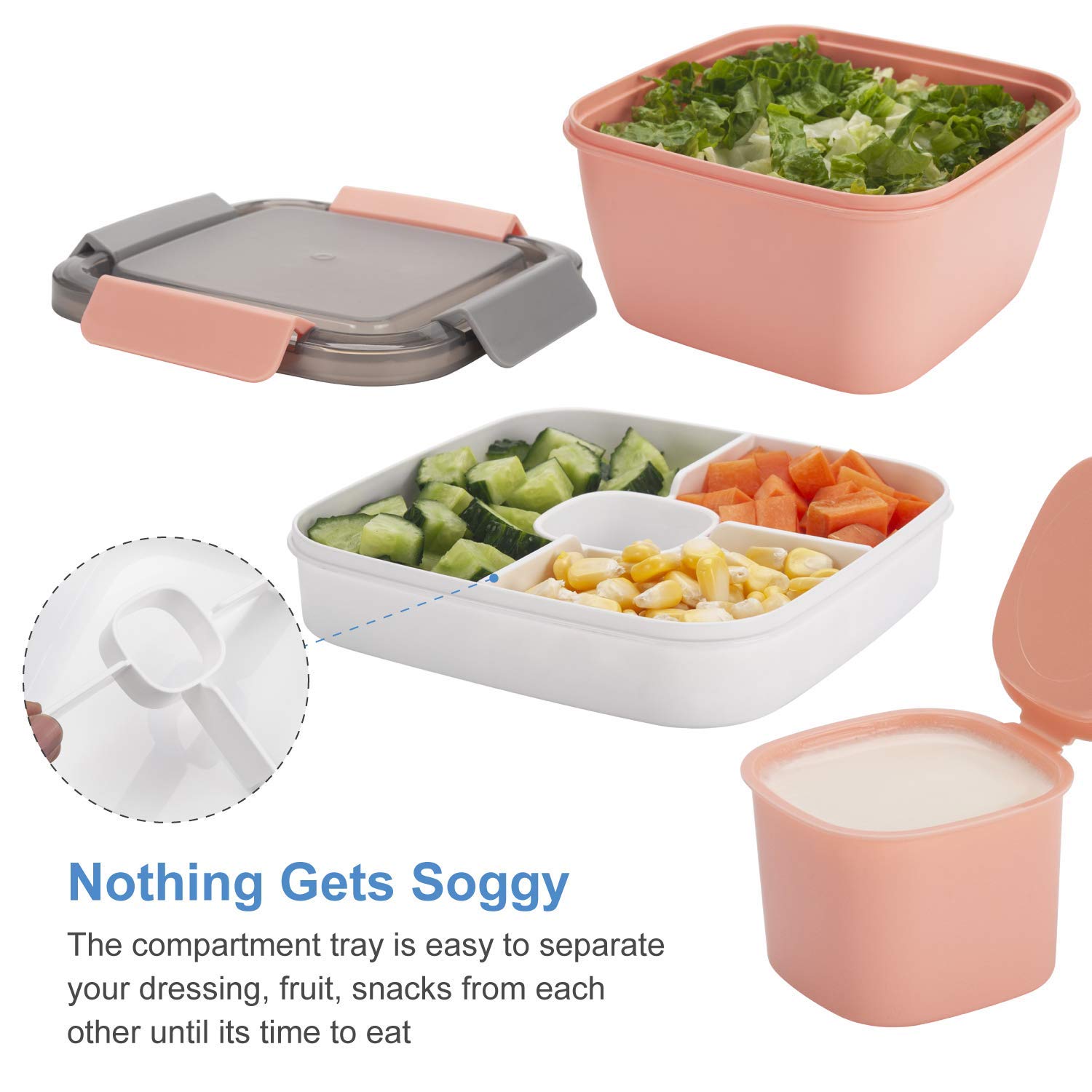 Freshmage 52-oz 3-Compartment Salad Lunch Containers To Go - 2 Pack BPA-Free Leakproof Bowls with Dressing Containers for Toppings & Snacks (Pink & Green) - Perfect for Office Lunch, Meal Prep, Picnics & Healthy Eating On-The-Go