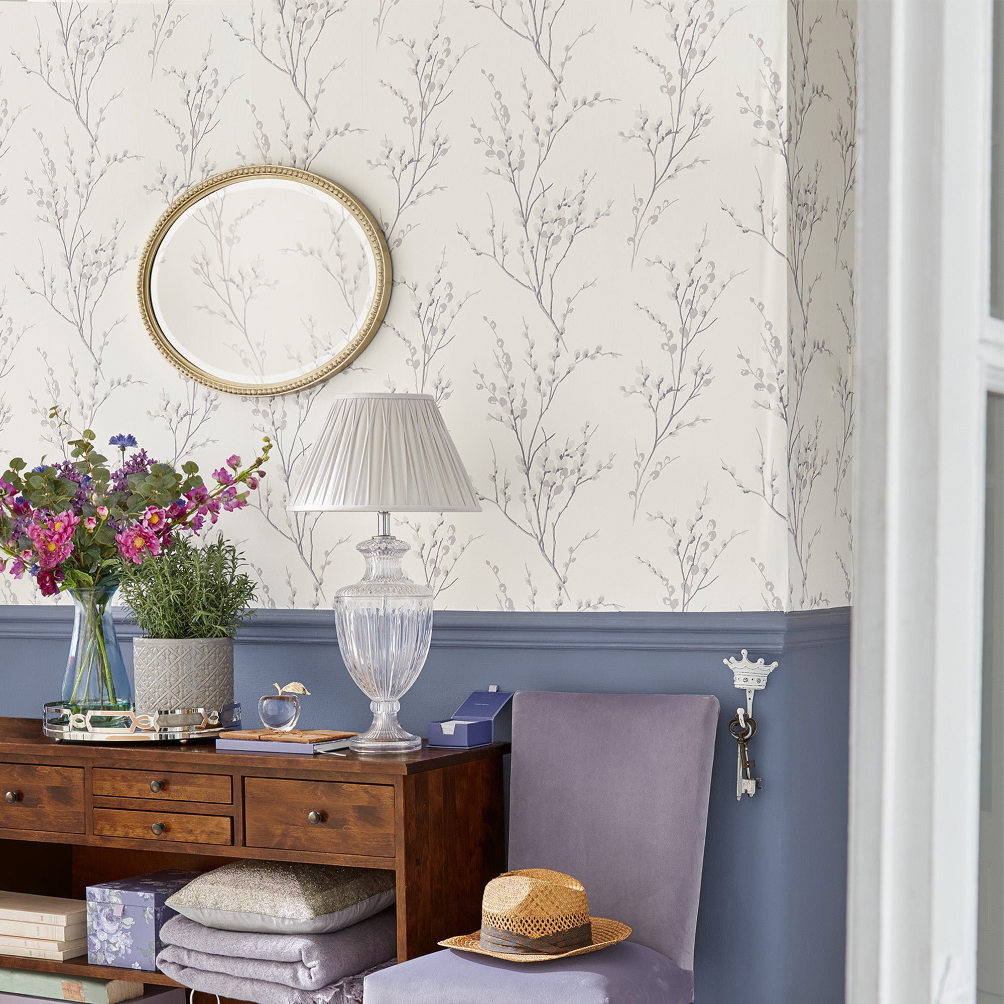 Laura Ashley Wallpaper - Pussy Willow Off White and Steel Floral Design | Peel and Stick Wallpaper for Bedroom, Living Room, Nursery Decor