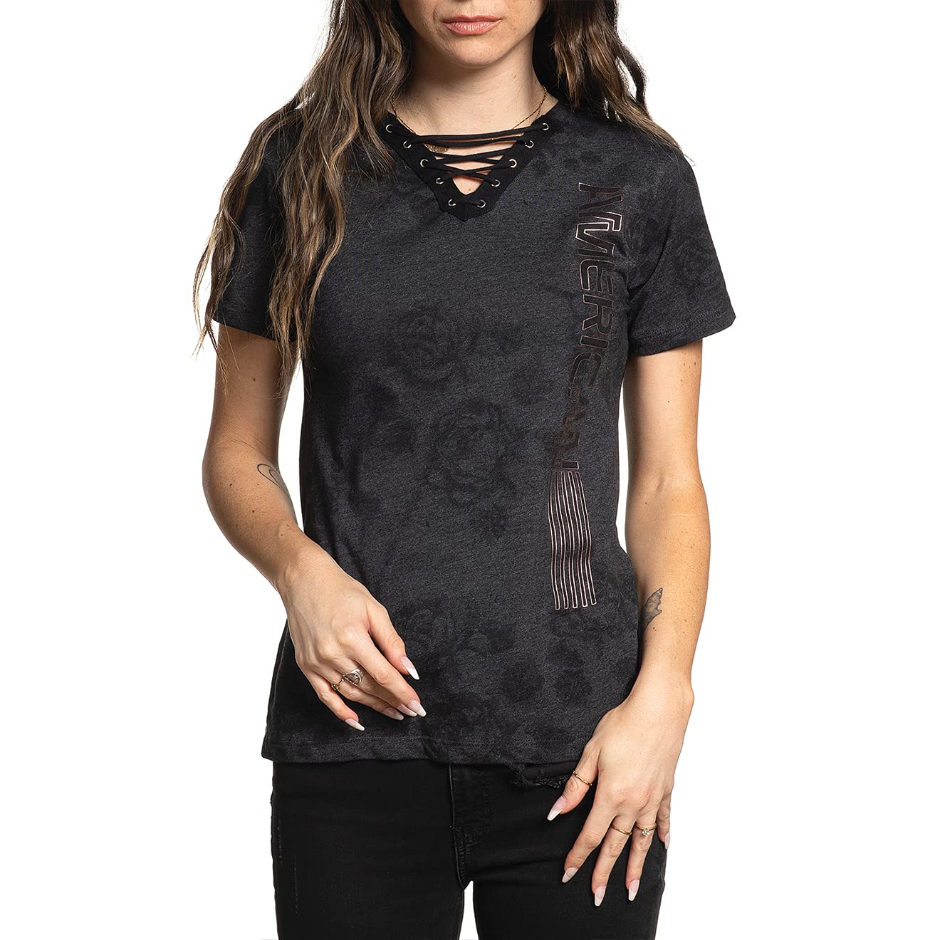 American Fighter Women's V-Neck Short Sleeve T-Shirts - Casual Comfort Fit for Everyday Wear, Gym, and Outdoor Activities