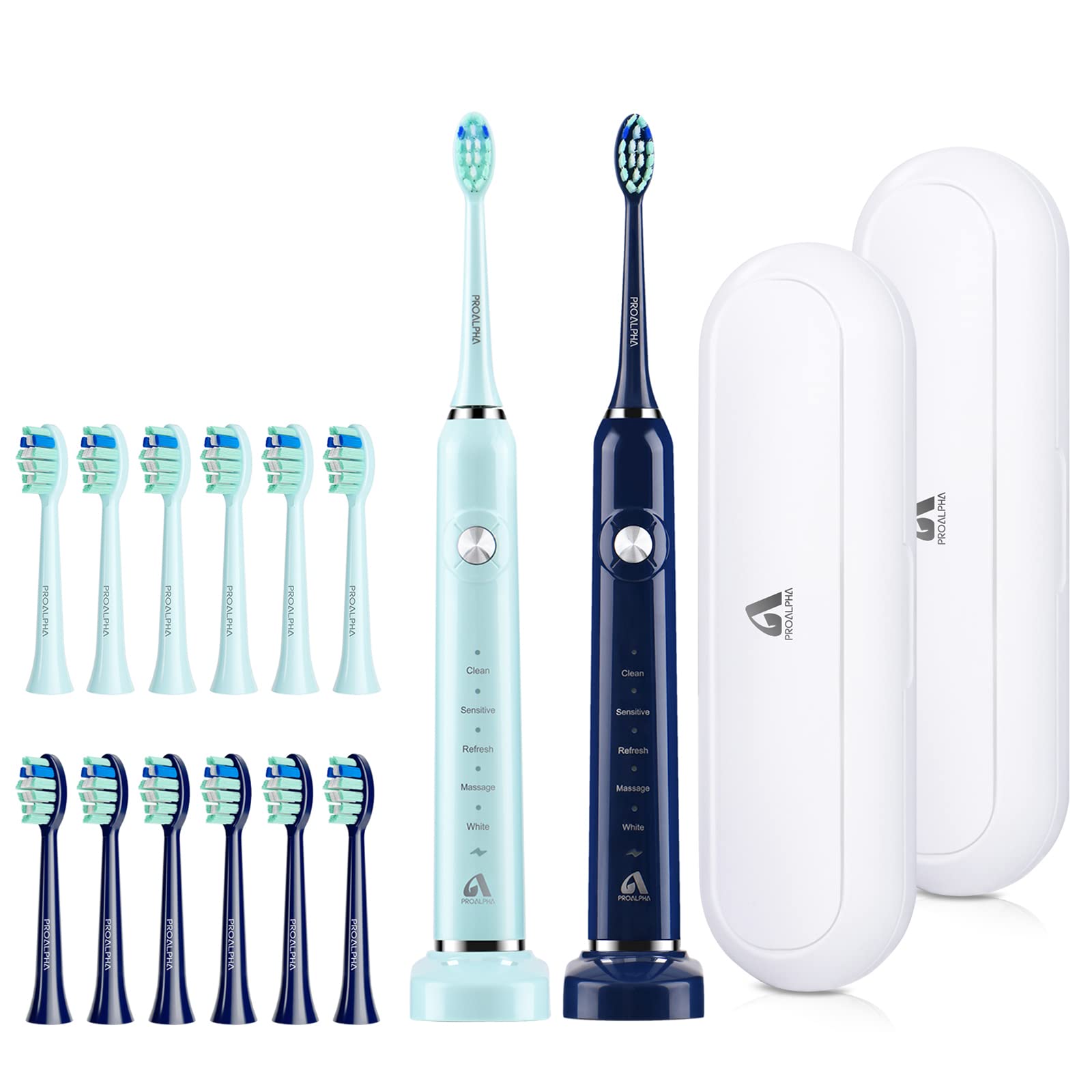 JTF Electric Toothbrush 2 Pack - Sonic Toothbrush Set for Adults & Family with Whitening Modes, Blue & Green - Perfect for Home Use & Travel Oral Care