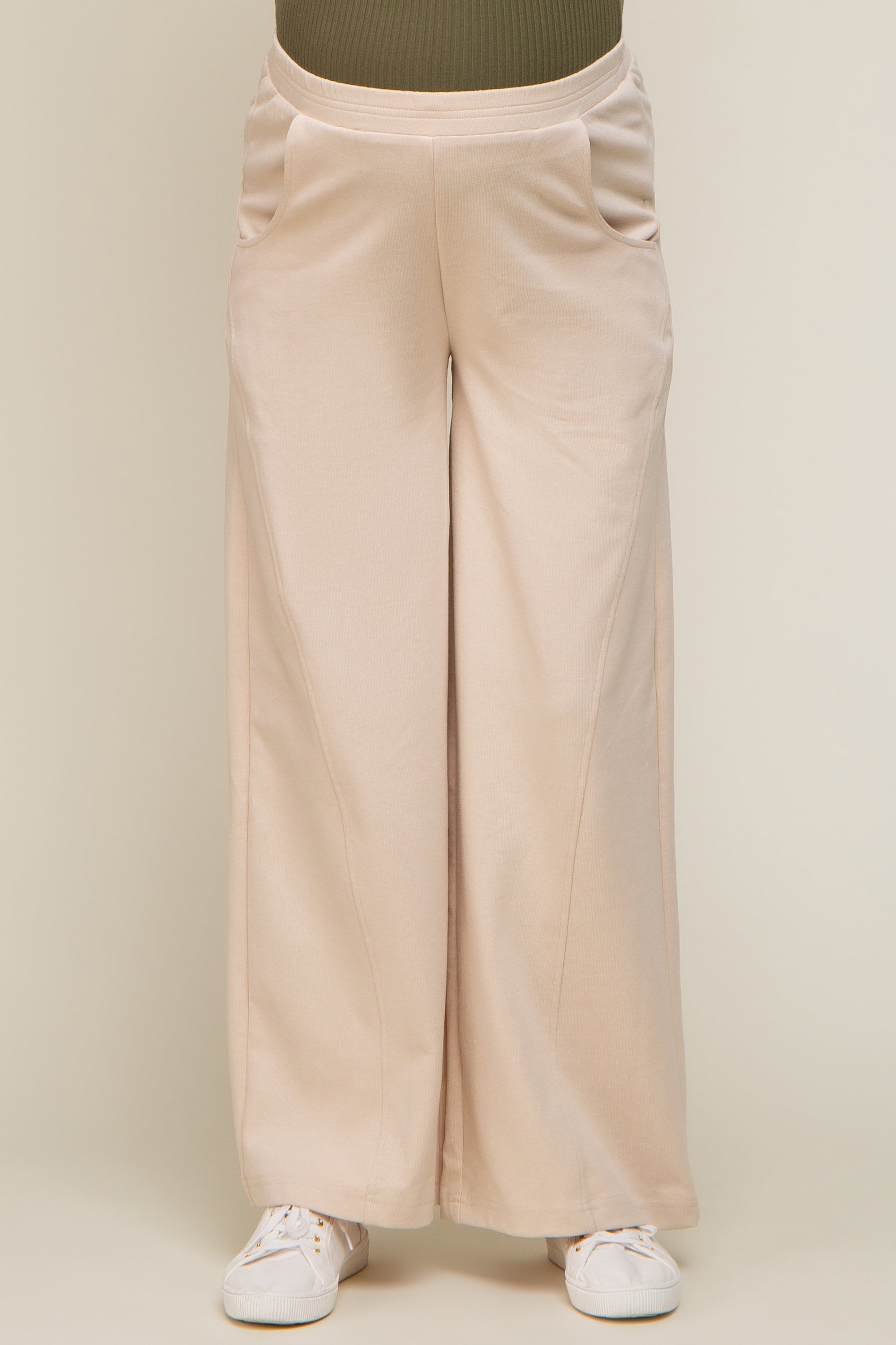 Beige Maternity Wide Leg Lounge Pants - Soft & Comfortable Pregnancy Pants for Relaxing at Home, Yoga & Sleeping