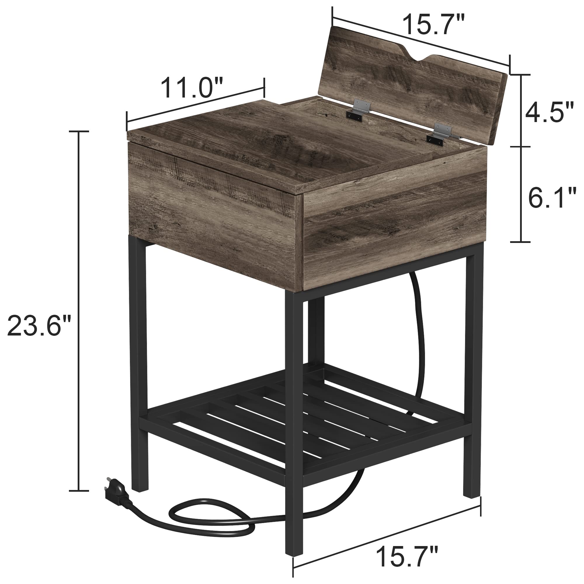Rustic Grey Nightstand with Charging Station & USB Ports - 2 Pack Bedside Table with Drawer & Metal Shelf for Small Spaces | Perfect for Bedroom, Apartment, Dorm Room | Compact End Table with Convenient Device Charging