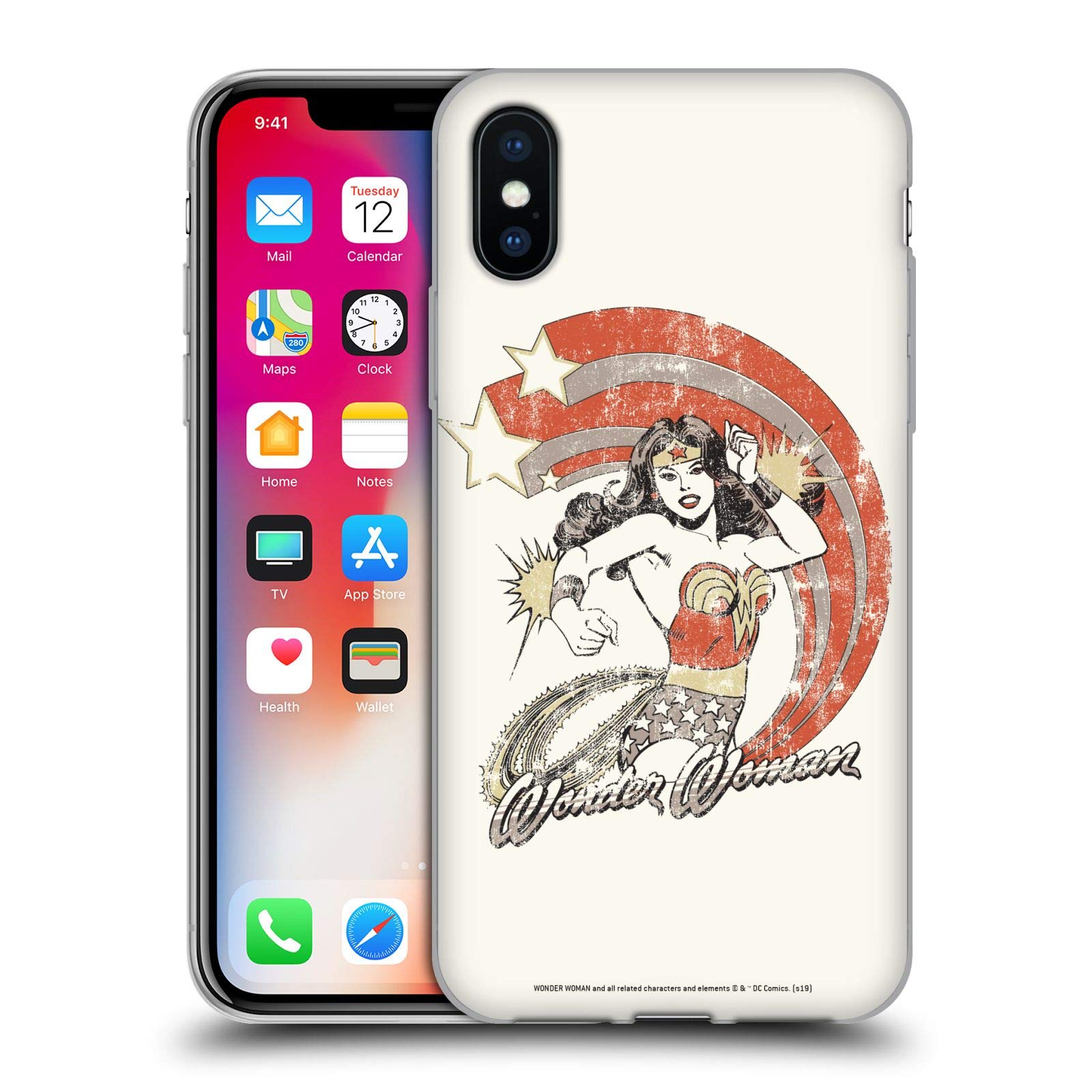 Official Wonder Woman DC Comics Vintage Distressed Art Soft Gel Case for Apple iPhone X/Xs - Perfect for Superhero Fans & Daily Protection