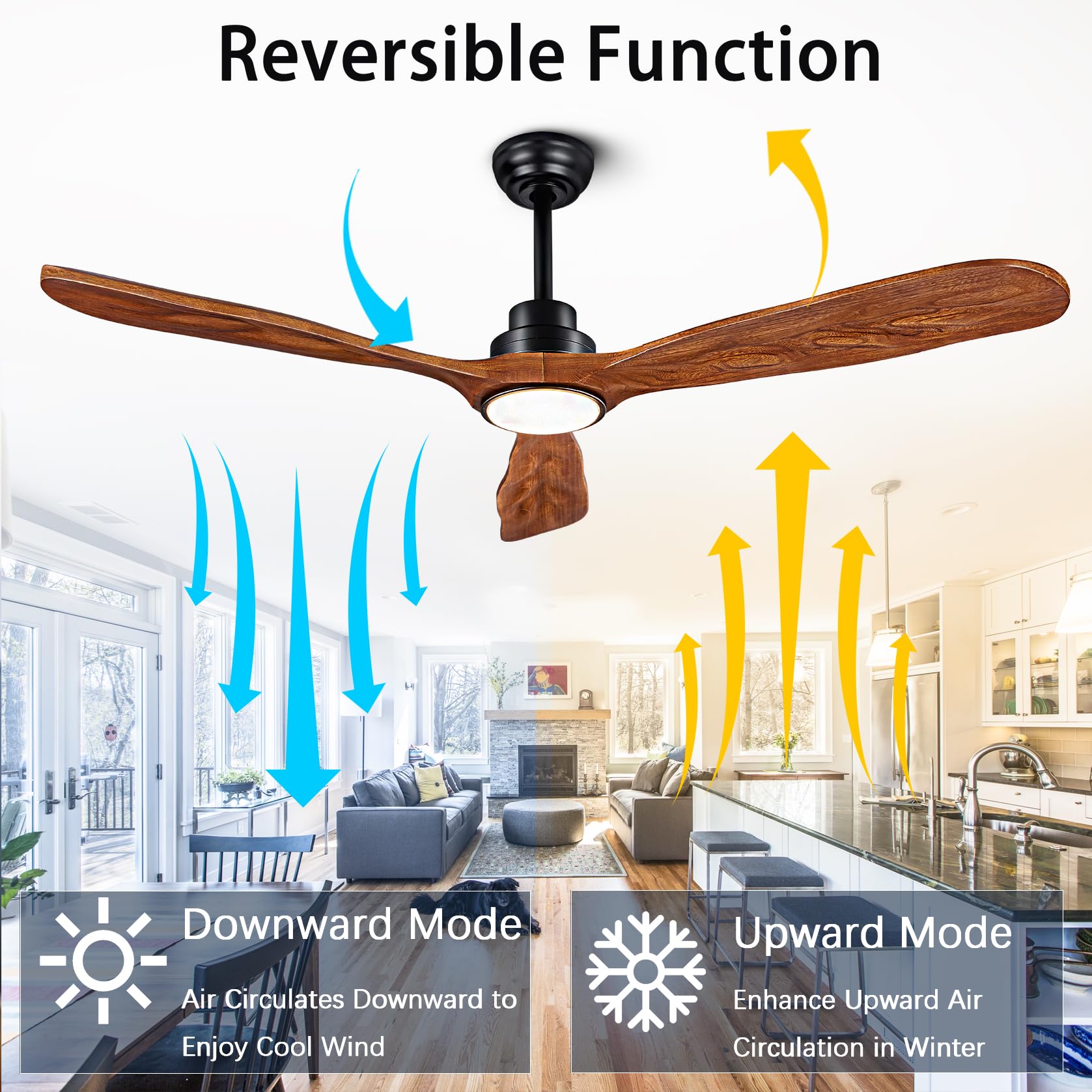60 Inch Wood Ceiling Fan with Lights and Remote Control - Quiet Reversible DC Motor, 3 Blades & 3 Downrods - Farmhouse, Patio, Living Room, Bedroom, Office - Indoor/Outdoor Use (Black + Walnut) - Perfect for Cooling and Lighting Your Home All Year Round