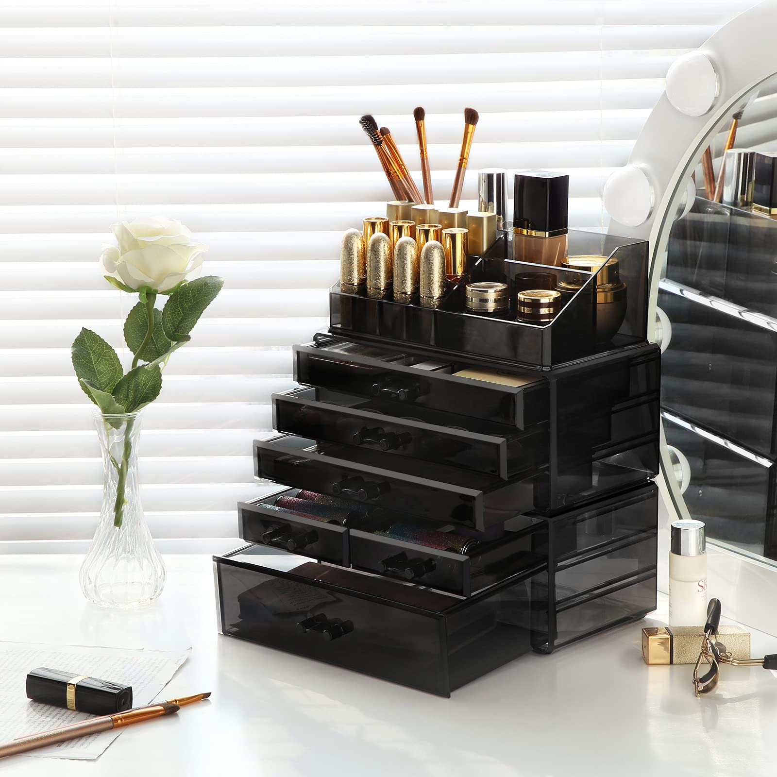 SONGMICS Large Acrylic Makeup Organizer with 6 Stackable Drawers - Cosmetic Storage Box for Eyeshadow Palette, Brushes, Foundation, Lipstick, Nail Polish - Perfect for Vanity, Bathroom & Travel (Black, JKA009BK)