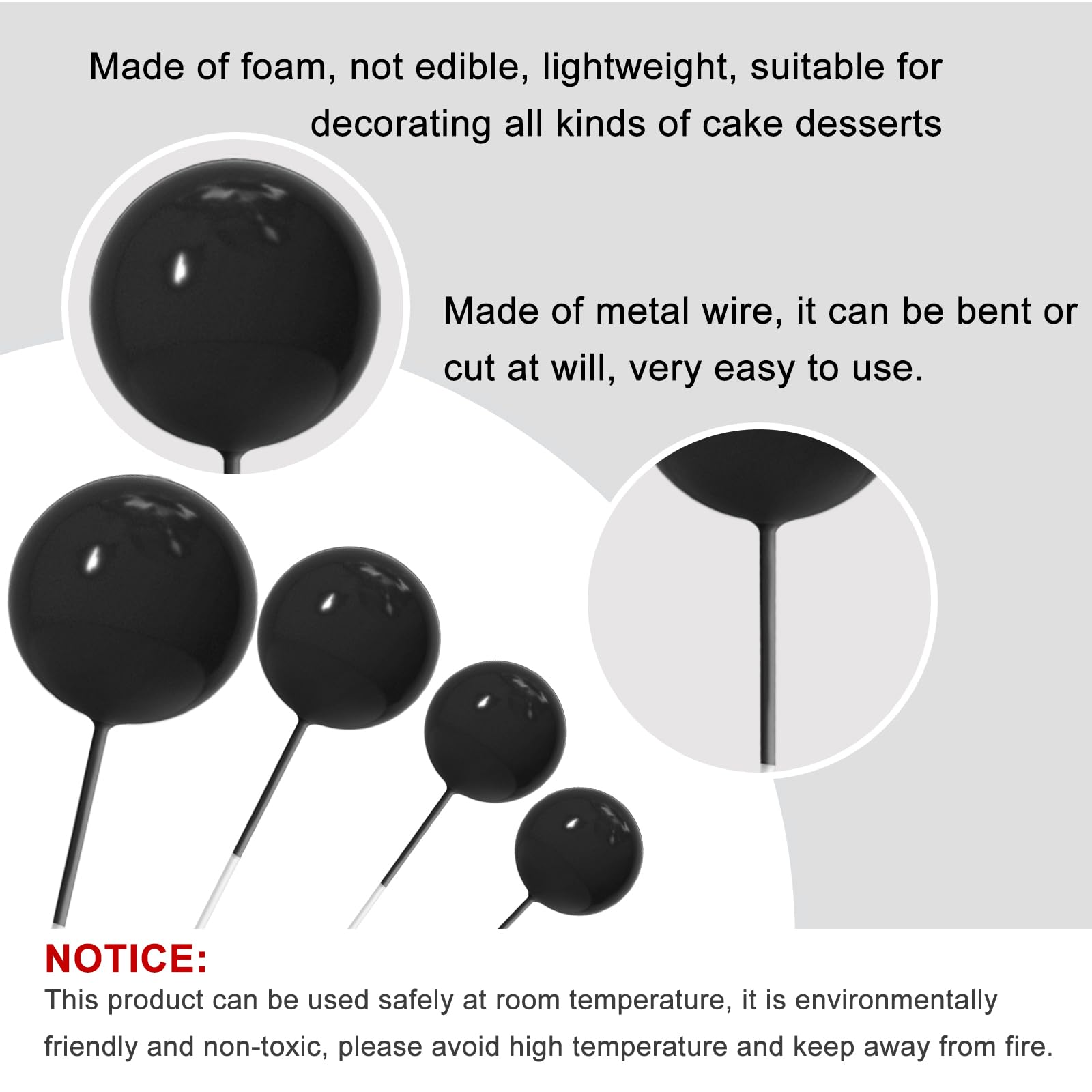 ASTARON 20 Pcs Black Ball Cake Toppers - Mini Balloon Cake Decorations with Sticks for Birthday Party, Wedding & Dessert Decoration - Perfect for Cupcakes, Cakes & Sweet Treats