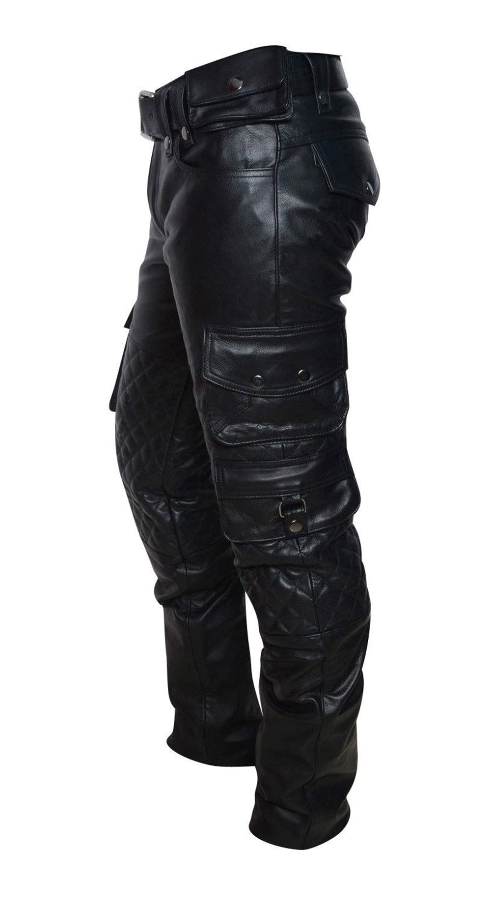 Men's Black Leather Biker Pants - Quilted Motorcycle Joggers with Cargo Pockets | Stylish & Durable Riding Trousers for Motorcycle Enthusiasts & Urban Fashion