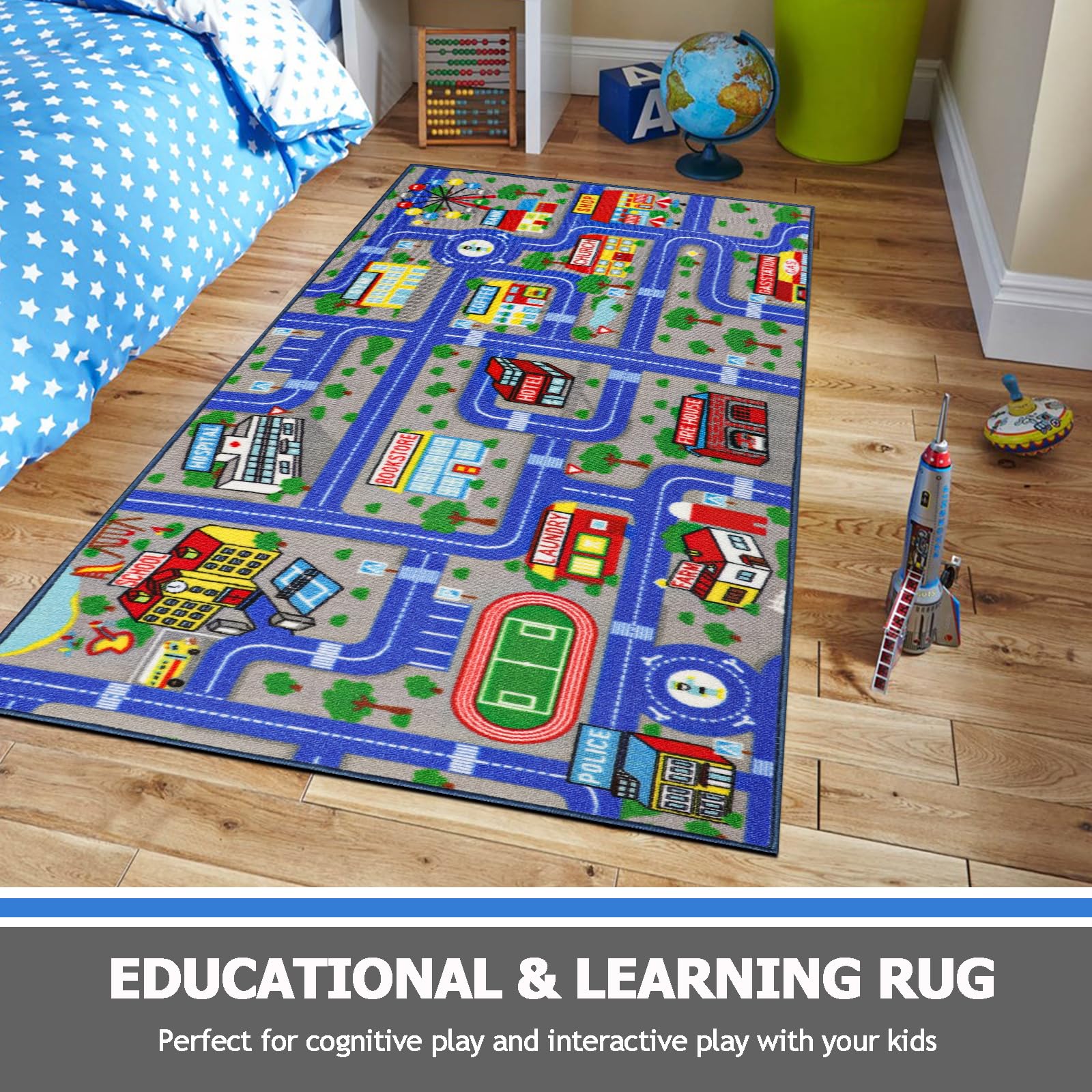 Non-Slip Washable Blue City Map Road Playmat for Kids - 5'x2.7' Carpet Rug for Toddler Playroom, Nursery & Bedroom Decor - Perfect for Pretend Play, Learning Traffic Rules & Safe Floor Activities