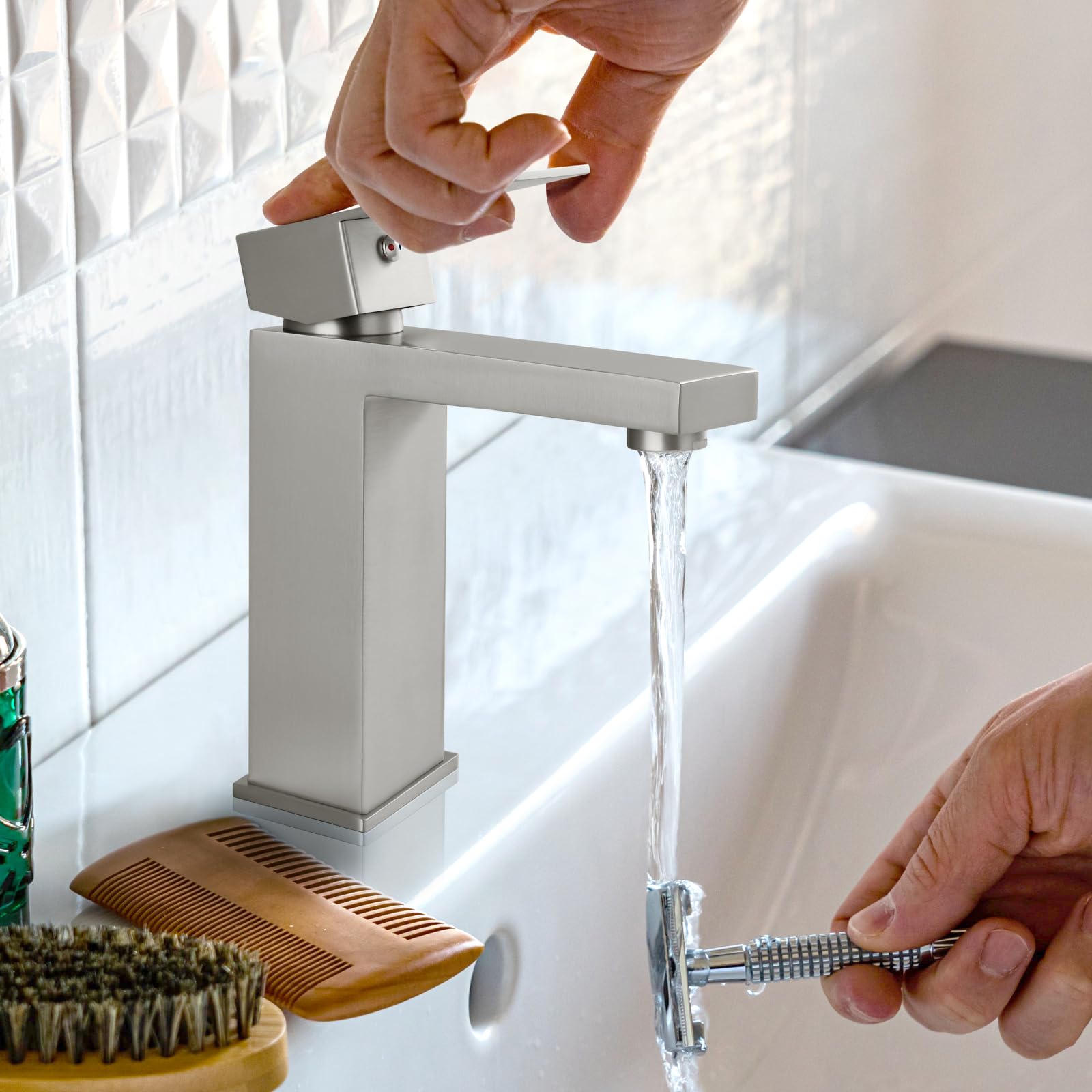 Premium SUS304 Stainless Steel Single Handle Bathroom Sink Faucet - 1 Hole Deck Mount Basin Mixer Tap with Drain - Brushed Nickel Finish for Vanity & Lavatory - Perfect for Modern Bathrooms & Powder Rooms