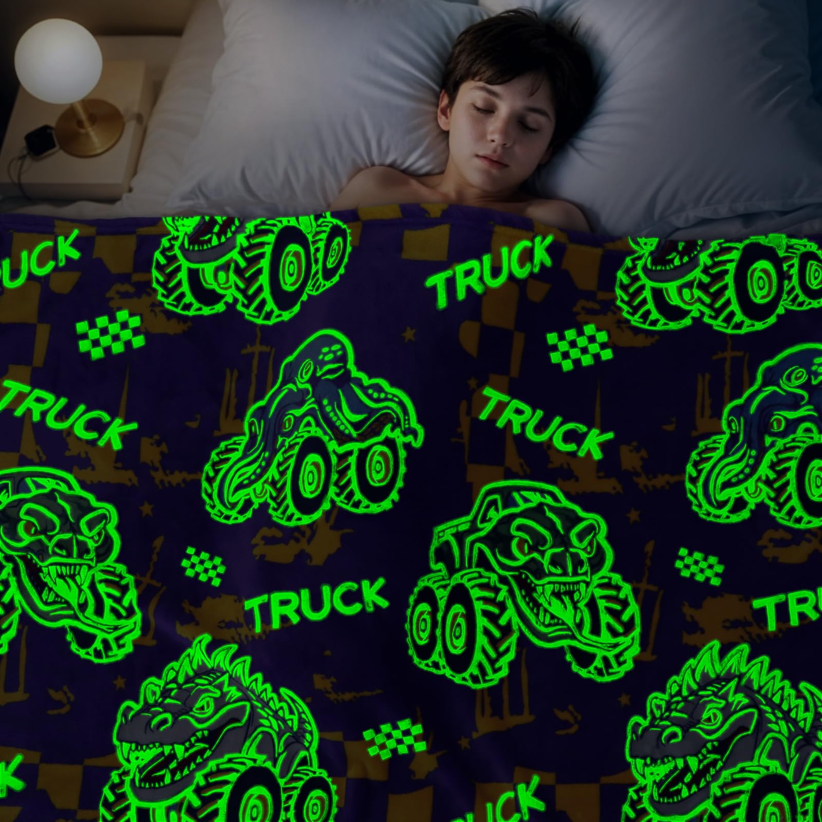 Glow in the Dark Tractor Truck Blanket for Boys - Soft Kids Throw Blanket | Birthday Gift for Toddlers & Children | Perfect for Bedtime, Road Trips & Camping Adventures