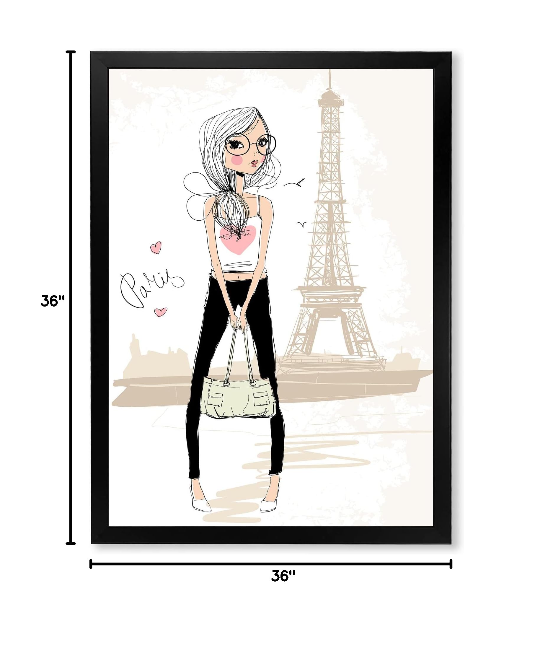 DesignQ Cute Girl at Eiffel Tower Paris - Children's Art Framed Wall Decor for Nursery, Bedroom & Playroom - French Themed Kids Room Artwork