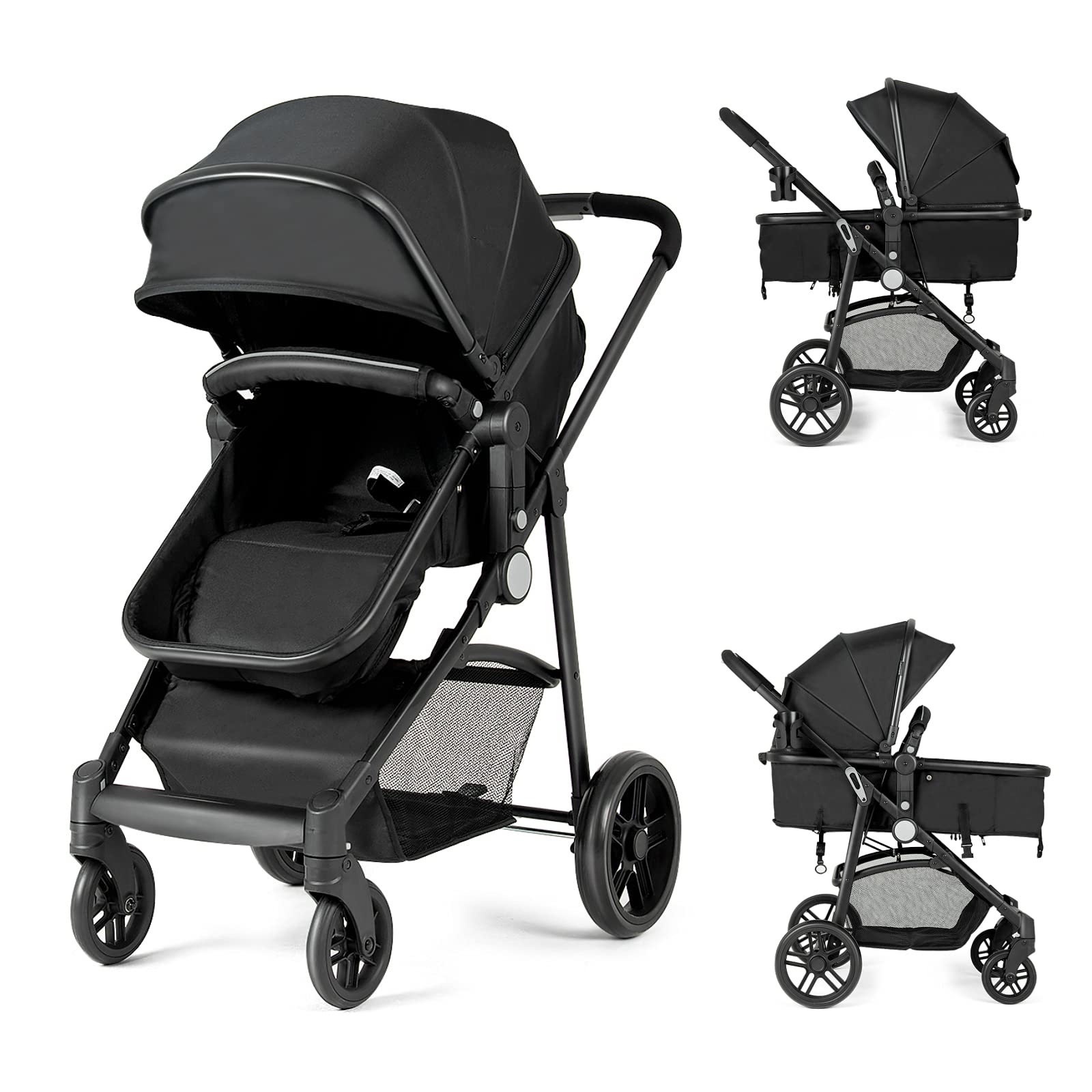 HONEY JOY Convertible Baby Stroller with Adjustable Canopy & Reclining Backrest - Foldable Infant Bassinet Pram with Storage Basket & Cup Holder for Newborns (Black) | Perfect for Park Walks, Shopping Trips & Family Outings