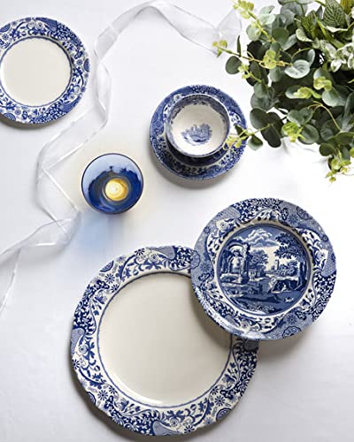 Spode Blue Italian Brocato 10.5-Inch Dinner Plates Set of 4 - Elegant Round Salad & Appetizer Plates in Classic Blue & White - Dishwasher Safe Fine China Made in England - Perfect for Formal Dining, Holiday Entertaining & Restaurant Service