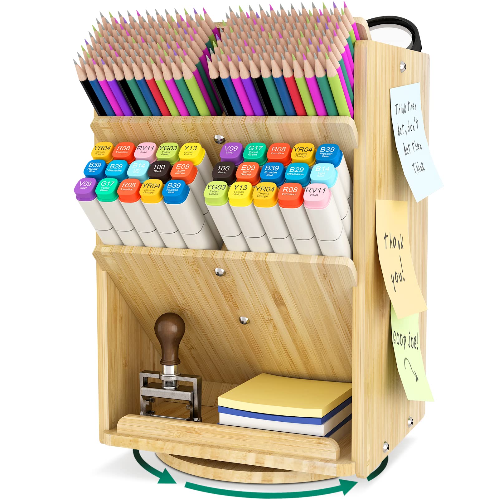 DF DARFOO Bamboo Desk Organizer with 13 Compartments - 1000+ Capacity Pencil Holder, Rotating Desktop Storage for Office Supplies & Cosmetics | DIY Assembly | Perfect for Home Office, School, and Makeup Vanity Organization
