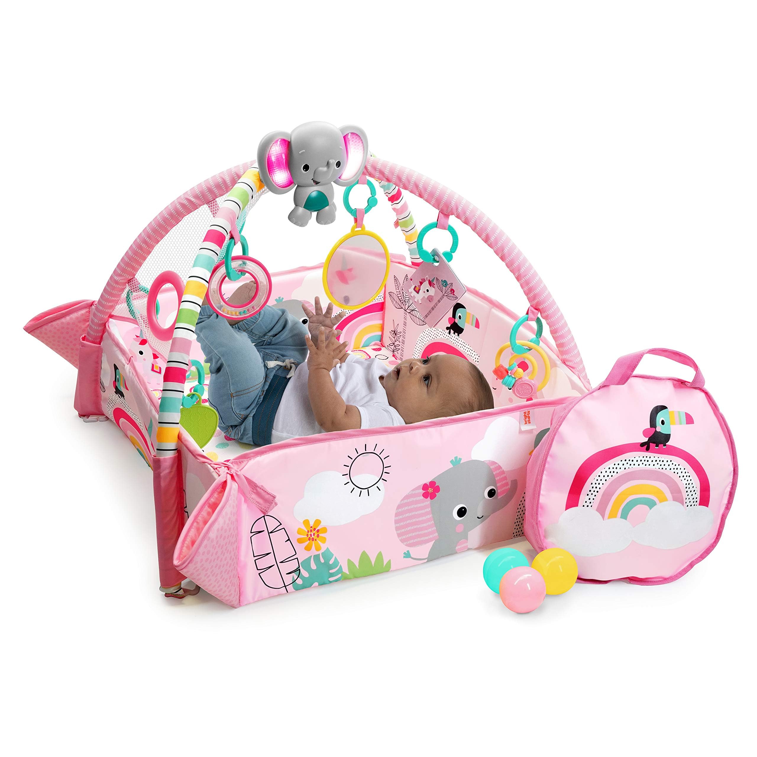 5-in-1 Baby Activity Play Gym & Ball Pit with Rainbow Tropics Design - Interactive Play Mat for Tummy Time, Sensory Development & Early Learning - Perfect for Nursery, Daycare & Home Playrooms