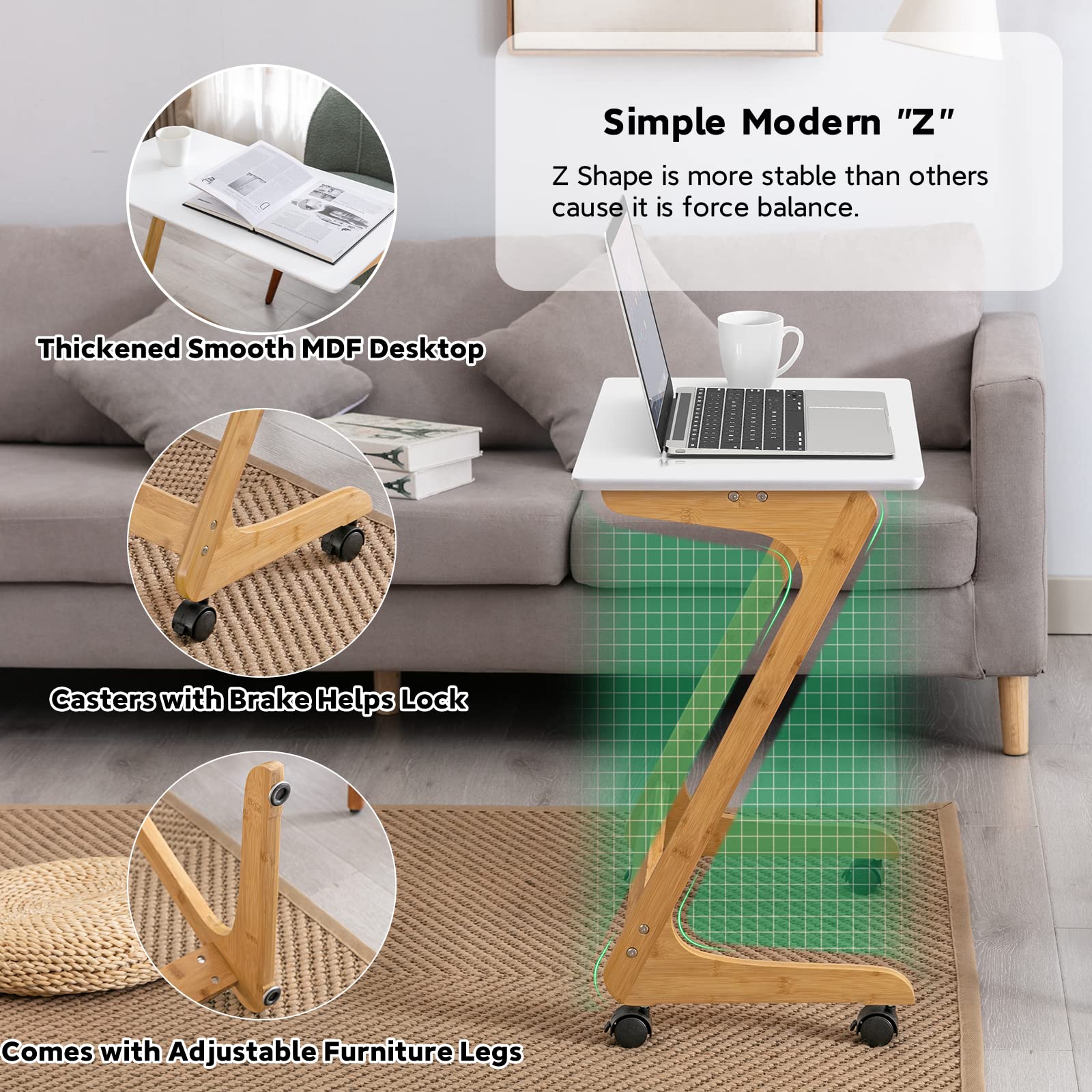 Nnewvante Mobile Sofa Side Table with Wheels - 23.5