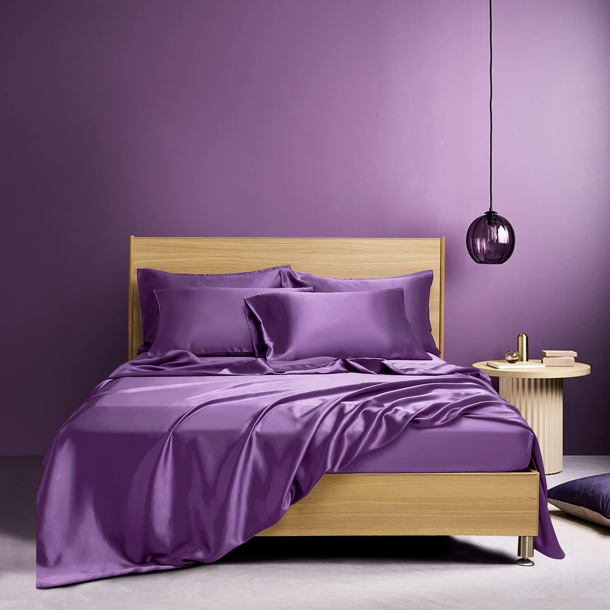 Luxury 6-Piece Satin Bedding Set Queen Size - Soft Silky Sheets, Pillowcases, Flat & Fitted Sheet - Hotel Quality Purple Bed Sheets for Ultimate Comfort | Perfect for Master Bedroom, Guest Room & Spa Retreats